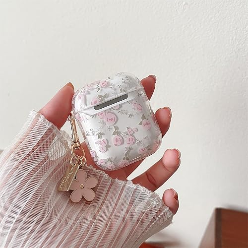 Miniatura 8 de MINSCOSE Funda transparente compatible con AirPods 1 y 2, bonito diseño de patrón de flores con llavero floral, funda protectora de TPU suave a