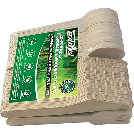 ECOLOJIKS Disposable Wooden Cutlery Set | Eco-Friendly, Biodegradable, Compostable, Sustainable and All Natural 200 Piece Utensil Set 6.5” 100 Forks | 50 Knives | 50 Spoons