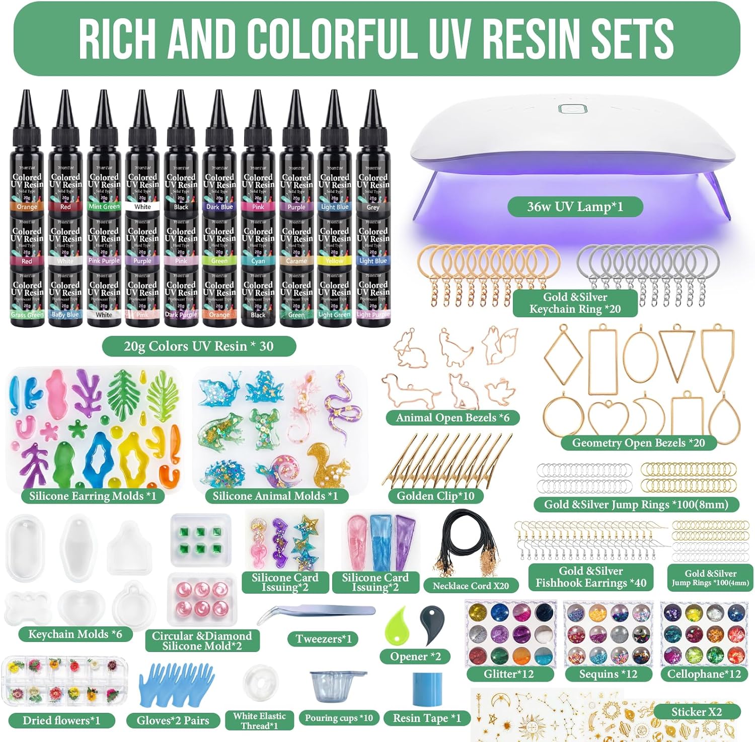 UV Resin Jewelry Making Kit,30 Colors 600g Crystal Resin,Fast Curing Odorless & Colored UV Resin Kit with Light and Molds, DIY Jewelry Making Kit, Resina Kits for Keychain and Earring
