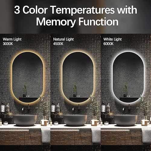Miniatura 3 de Espejo de tocador de baño LED ovalado, 33 x 20 pulgadas, espejo iluminado sin marco, espejo inteligente antivaho impermeable con función de memoria,