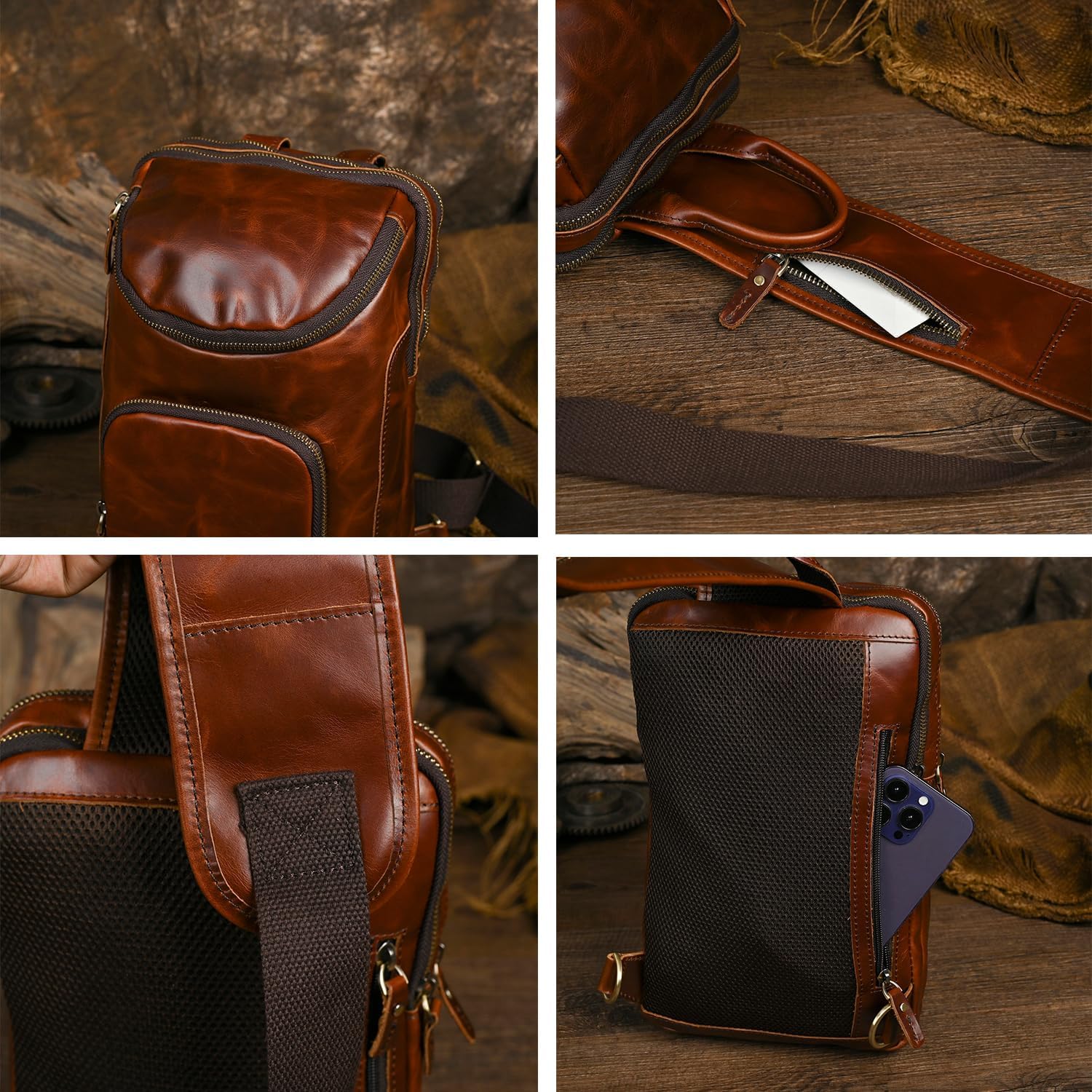 Thick Crazy horse Leather Triangle Crossbody Sling Chest Bag Travel One Shoulder Bag Daypack For Men Male 3028 - Image 5