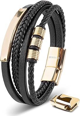 SERASAR Premium Leather Bracelet Men | Stainless Steel Magnetic Clasp | Three Colors | Jewelry Box Included