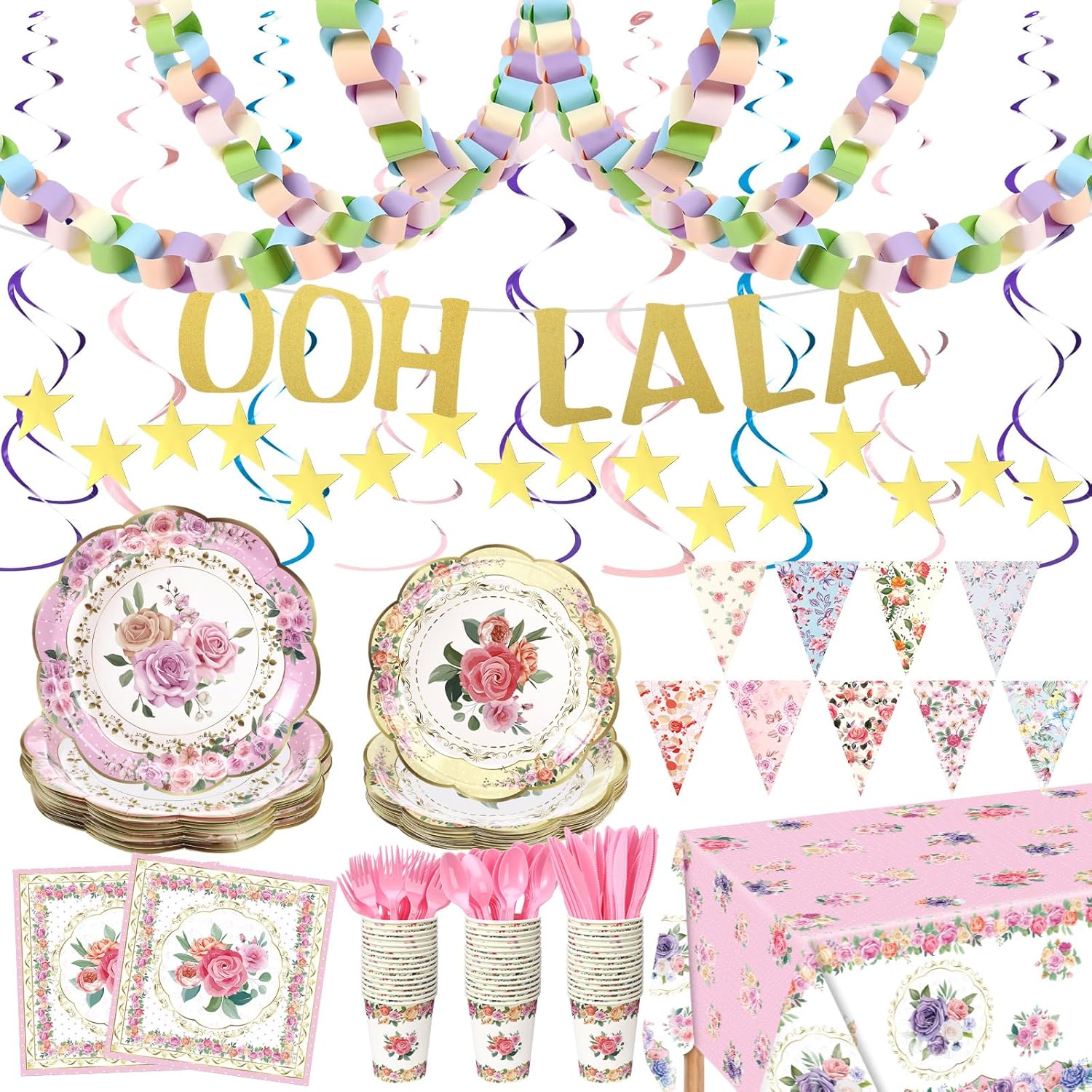 FoldTier 194 Pcs Fancy Birthday Decorations 25 Pastel Plate Napkin Knife Fork Spoon 2 Tablecloth 1 Star Banner 1 Floral Pennant 1 Paper Chain Garland for Tea Birthday Party Supplies, 25 Guests
