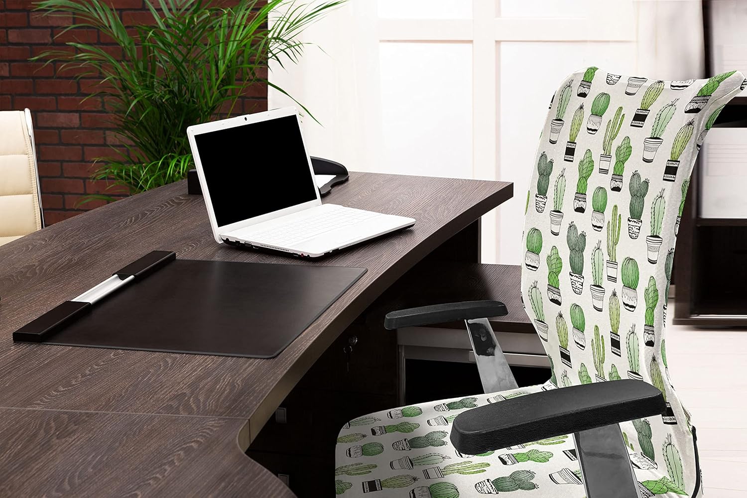 Ambesonne Cactus Office Chair Cover, Hand Drawn Foliage Pattern with Ornamental Pottery Design Sketch Style Art, Stretchable Decorative Universal Size High Back Printed Slipcover, White Black