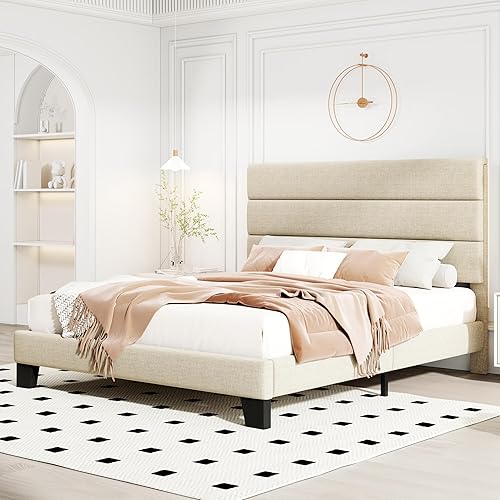 Miniatura 3 de HOOMIC Base de cama de tamaño matrimonial con cabecero, plataforma tapizada de tela con soporte de listones de madera fuerte, base de colchón, no