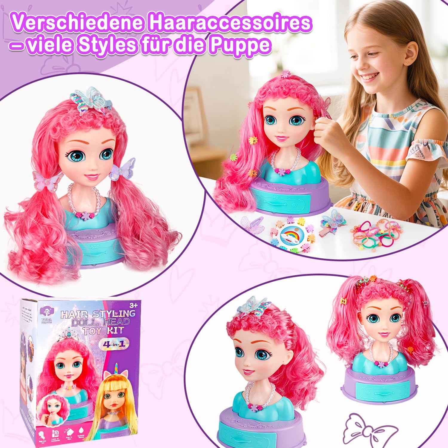 4 in 1 Doll Head for Hair Styling Kids 9 pollici, 41 pezzi Hair Salon Toys Kit Princess Accessories Pretend Play Toys Birthday Gifts for 3-8 anni Old Girls