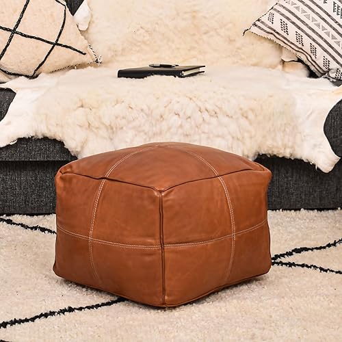 Miniatura 144 de Marrakesh Gallery Funda otomana de cuero - Puf cuadrado marroquí, sala de estar, dormitorio otomano Marrón,Beige Bronceado,Azul,Marrón (Dark