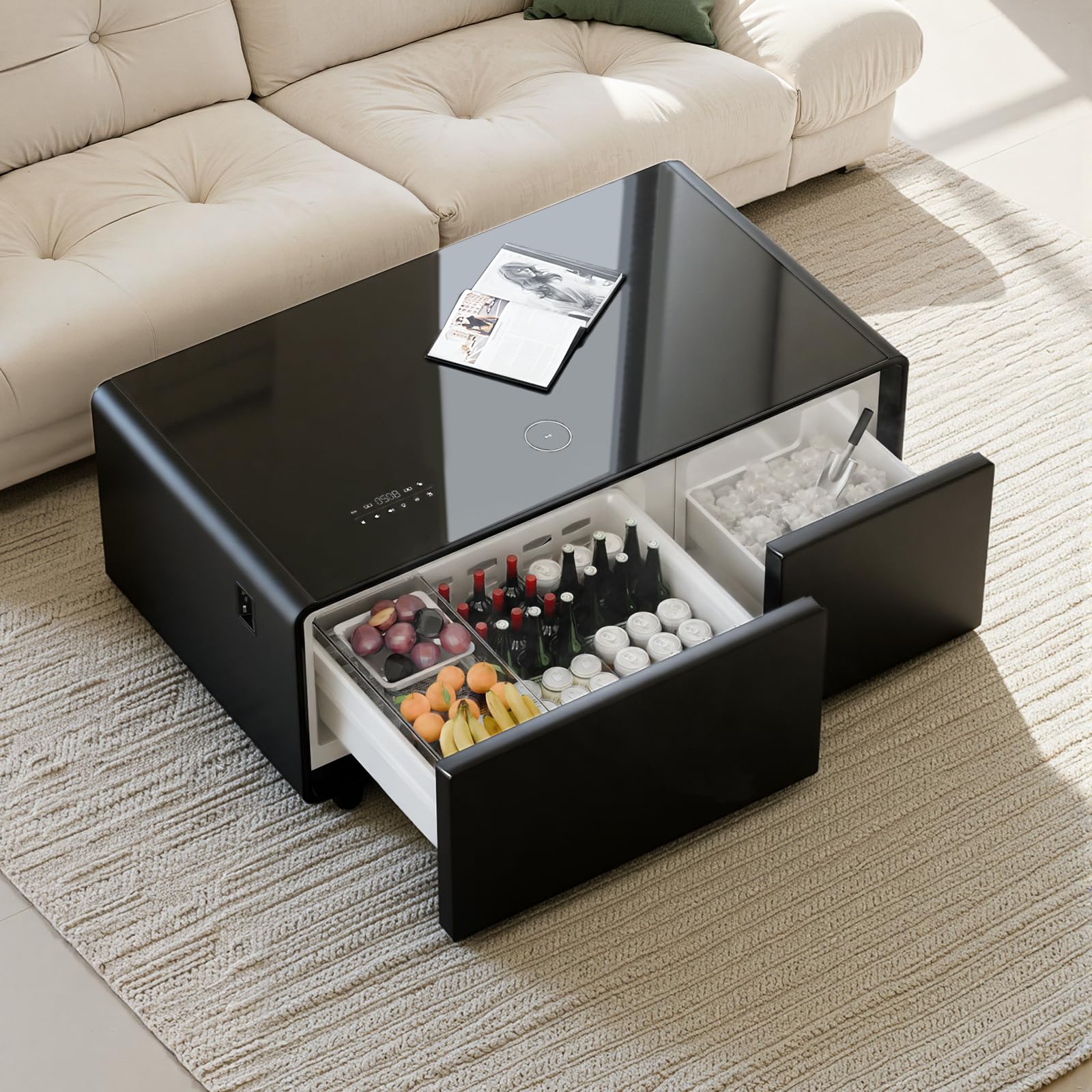 LIVTAB Smart Coffee Table, Living Room Table with Built in Fridge, 23" D x 41.5" W x 18.2" H, 15W Wireless Charging, USB Chargers and Speakers (LT90-FreezerX, Black)
