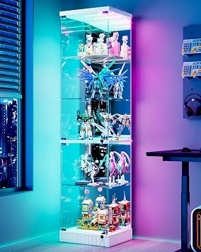 67'' Corner Curio Cabinet - with Glass Door, Lockable Glass Display Cabinet with RGB Motion Sensor Light, 5-Tier Figure Display Case with Removable Glass Shelf for Collectibles,White