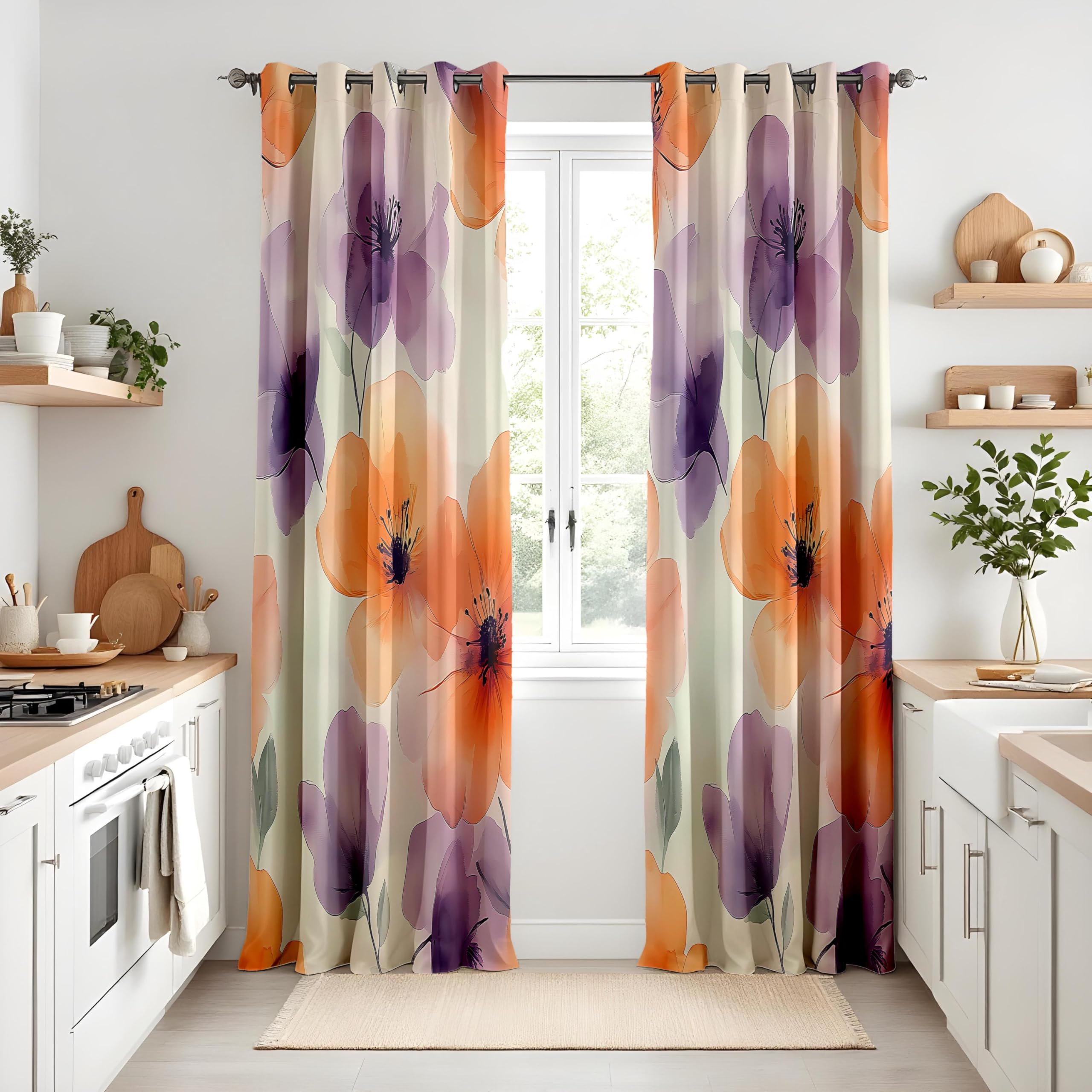 Rideaux occultants à Motifs Floraux Orange et Violet, Panneaux de fenêtre à Fleurs Aquarelle pour Salon, Rideaux artistiques pour Chambre (L x H / 2 x 150 x 300 cm)