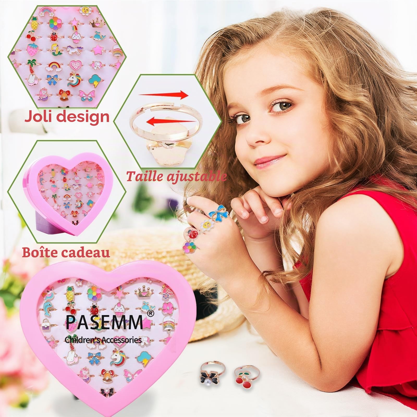 Bagues Enfant Fille Réglables en Métal Coloré, Dessin animé Motifs Aléatoires, Cadeau 4-12 Ans, Boîte Cœur Rose