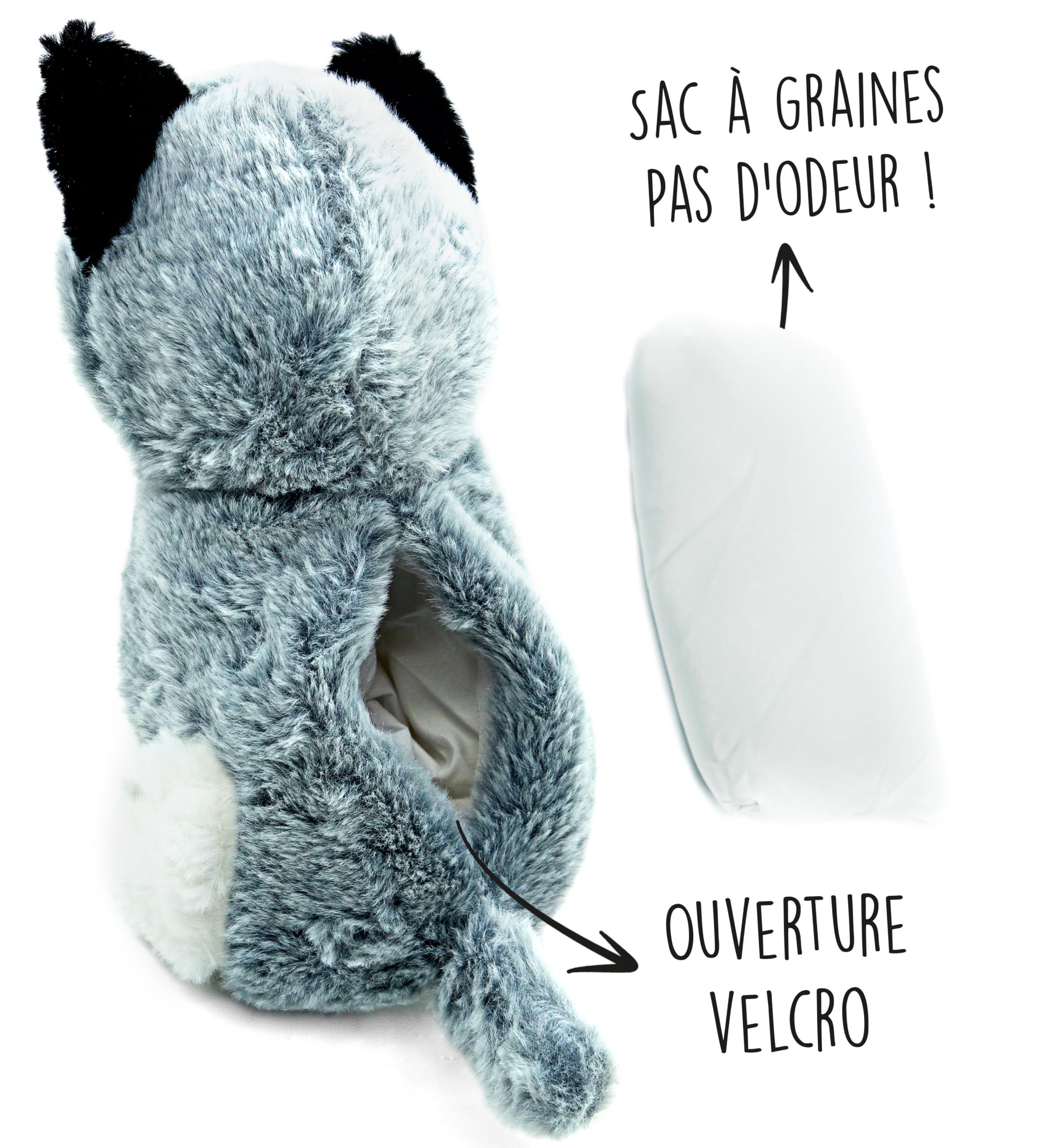 Bouillotte Micro-Onde Peluche (23 cm) - Doux et Chaud, Idéal pour Soulager les Coliques chez les Bébés - Husky en Peluche à Câliner et à Embrasser - Bouillotte Doudou - Sachet de Graines Amovible