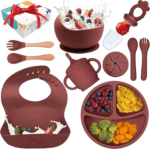 Juego de alimentación de silicona para bebés  10 piezas de suministros de destete LED para bebés y kit de autoalimentación  Juego de platos y