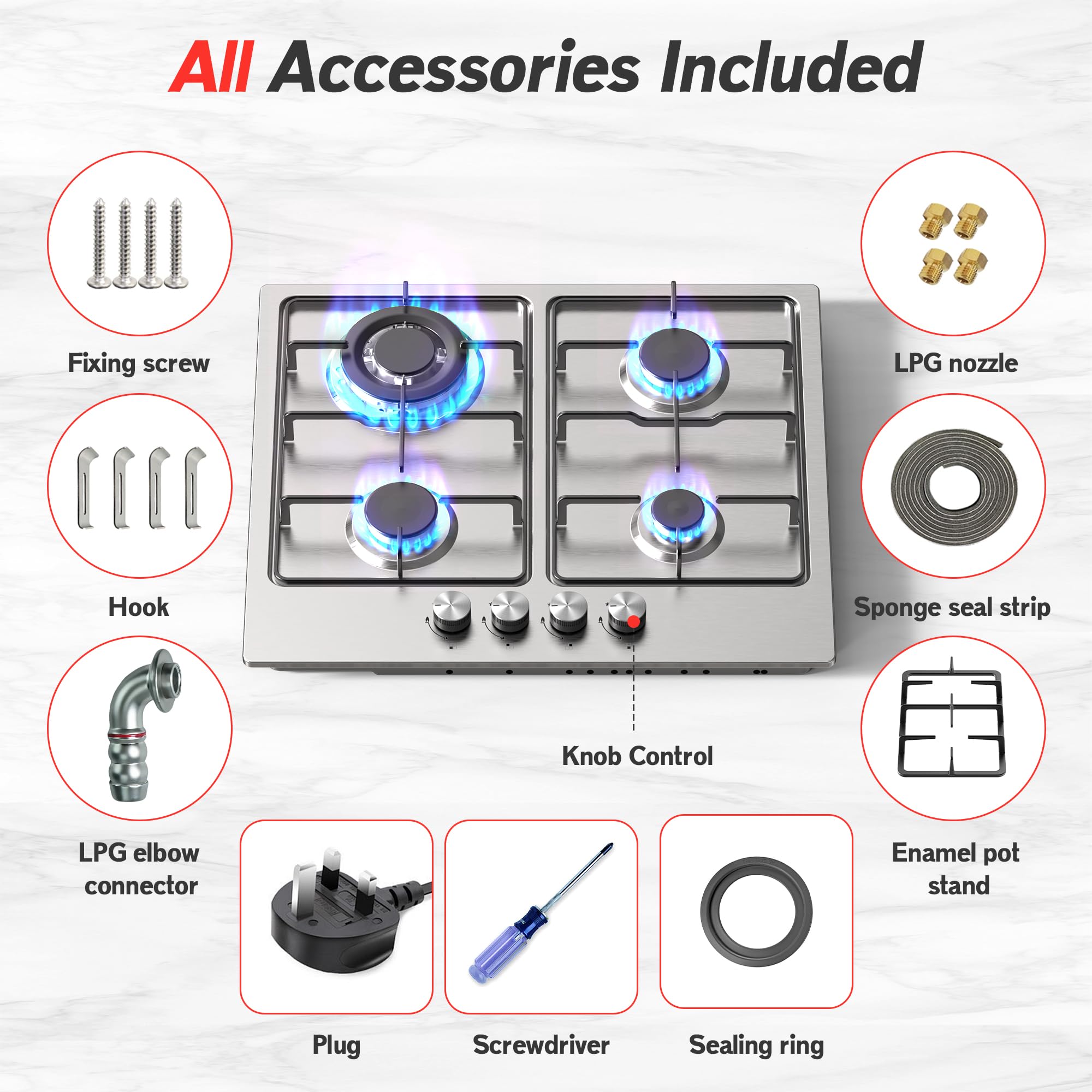 Traenvir Built-in Gas Hob, 7800W 4 Burners Stainless Steel Cooktop with Flame Failure Device, LPG/Natural Gas Convertible, 60 cm — view 2