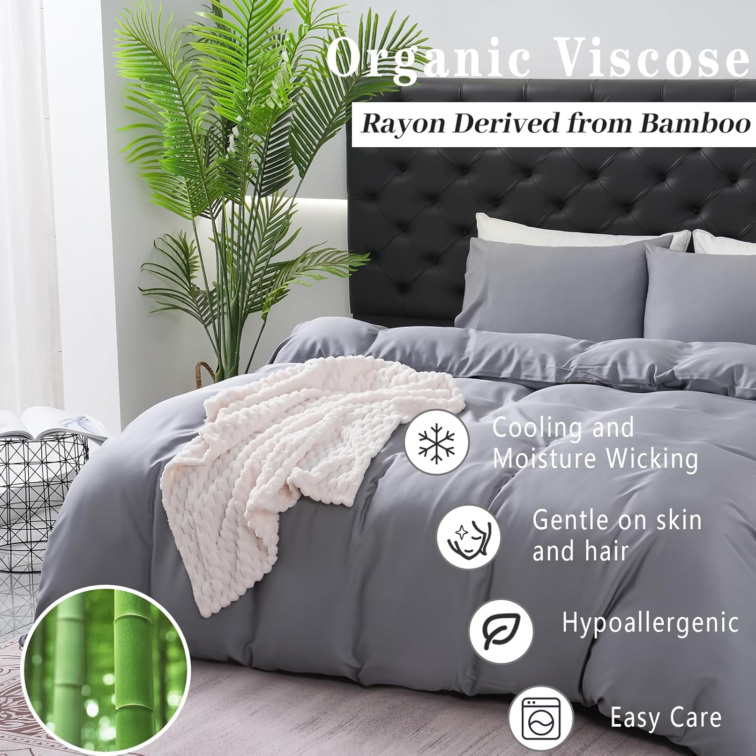 100% Cooling Duvet Cover Queen Rayon Derived from Bamboo Comforter Cover Cooling for Hot Sleepers Moisture Wicking with Corner Ties Zipper Closure（Queen，Grey）