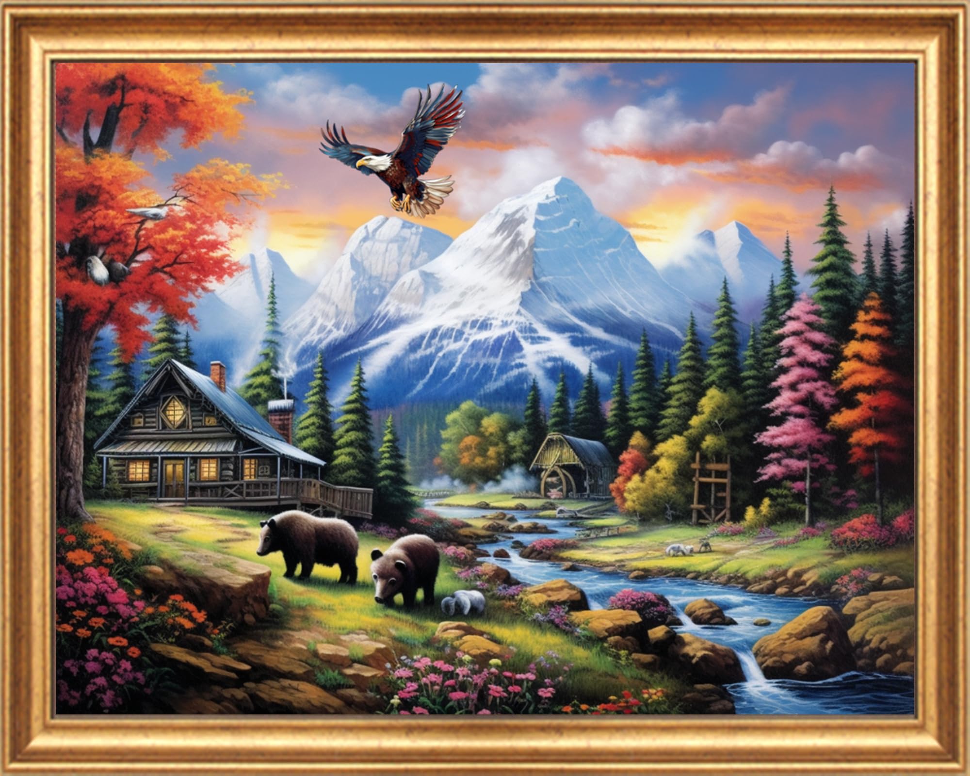 DMCVIVR Stamped Cross Stitch Kits for Beginners Adults Needlepoint Kits for Beginners Embroidery Kits for Adults Crossstitch Kit for Beginners 11CT-Landscape Bear 16x20 inch