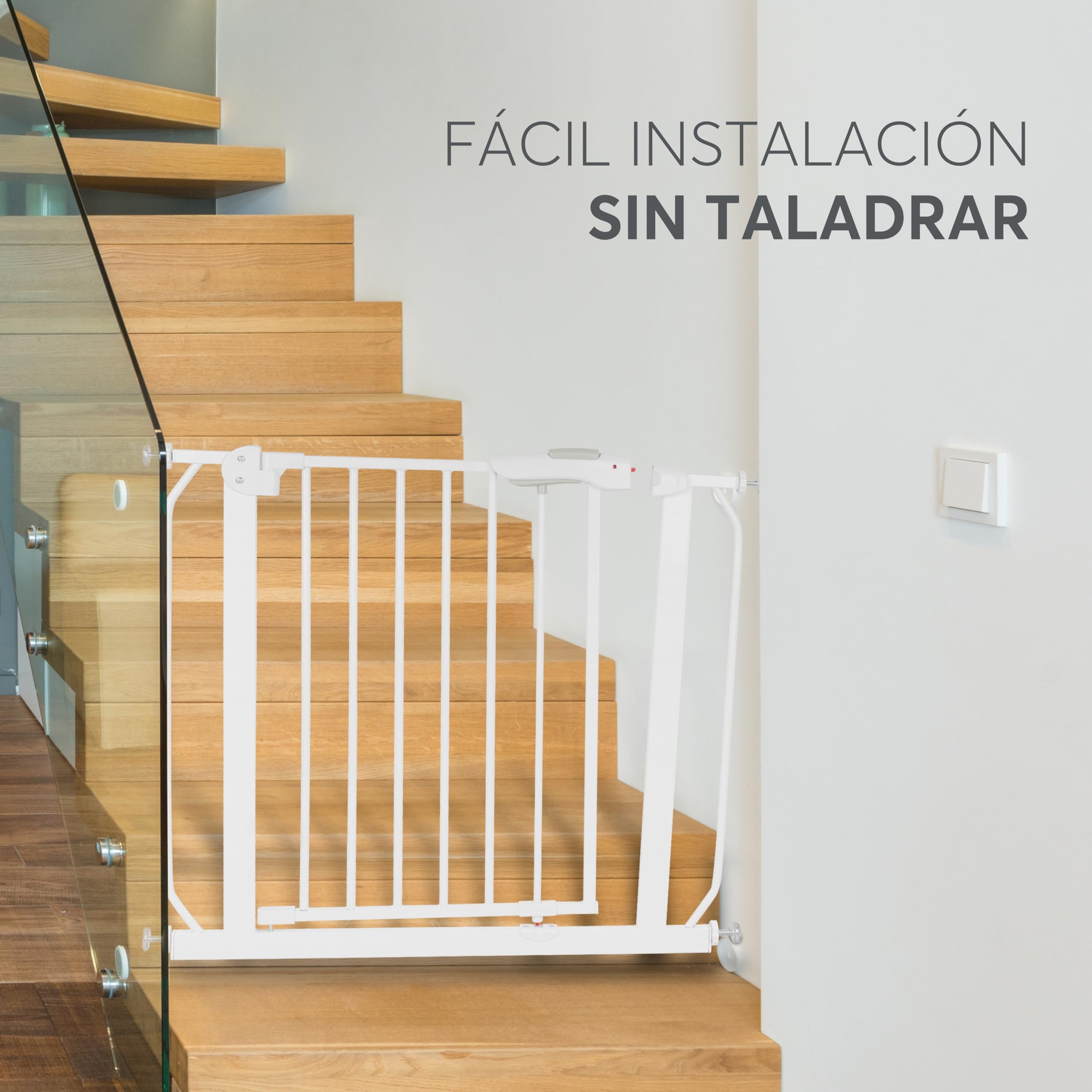 KikkaBoo Barrera de Seguridad de Niños para Puertas y Escaleras All Safe, Valla Seguridad Infantil, Cierre Automático, Extensible 125 cm, Barandilla Escalera, Fácil de Instalar, Blanco