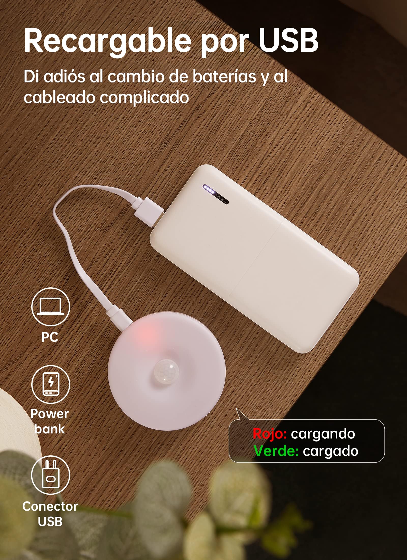 Homelist Luces Sensor de Movimiento Interior, 6 Pack Luz Nocturna LED Recargable por USB, Luz Nocturna Sensor Movimiento Sin Cable para Pasillo, Escaleras, Gabinete, Armarios