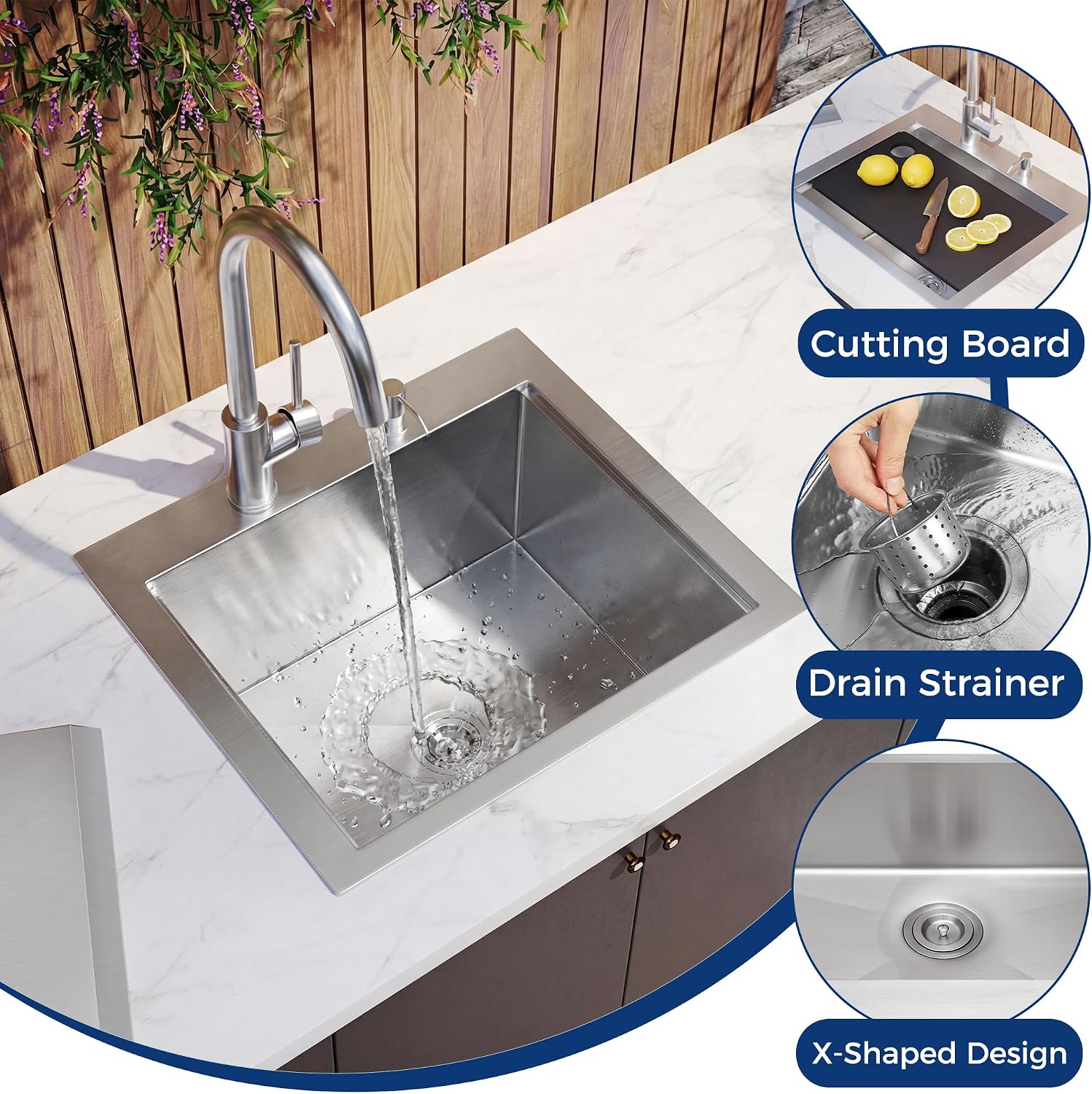 ALWEN Outdoor Kitchen Sink 21x18 Inch with Cover & Faucet - 16 Gauge T304 Single Bowl RV Sink with Cutting Board & Soap Dispenser for Camping, BBQ, Patio