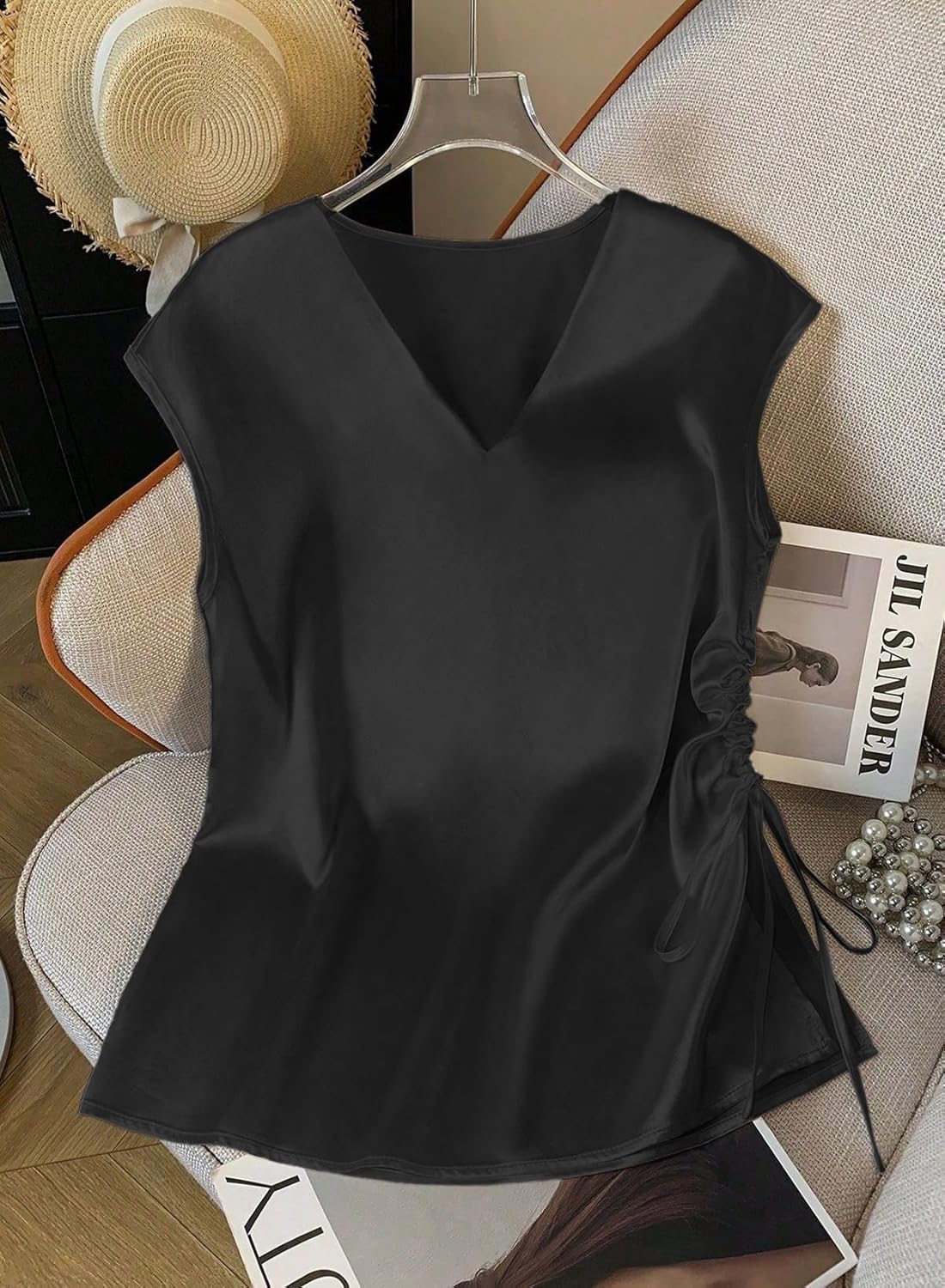 EVALESS Satin Blouses for Women Dressy Casual Silk V Neck Cap Sleeve Pleated Shirts Business Work Tops - Image 2