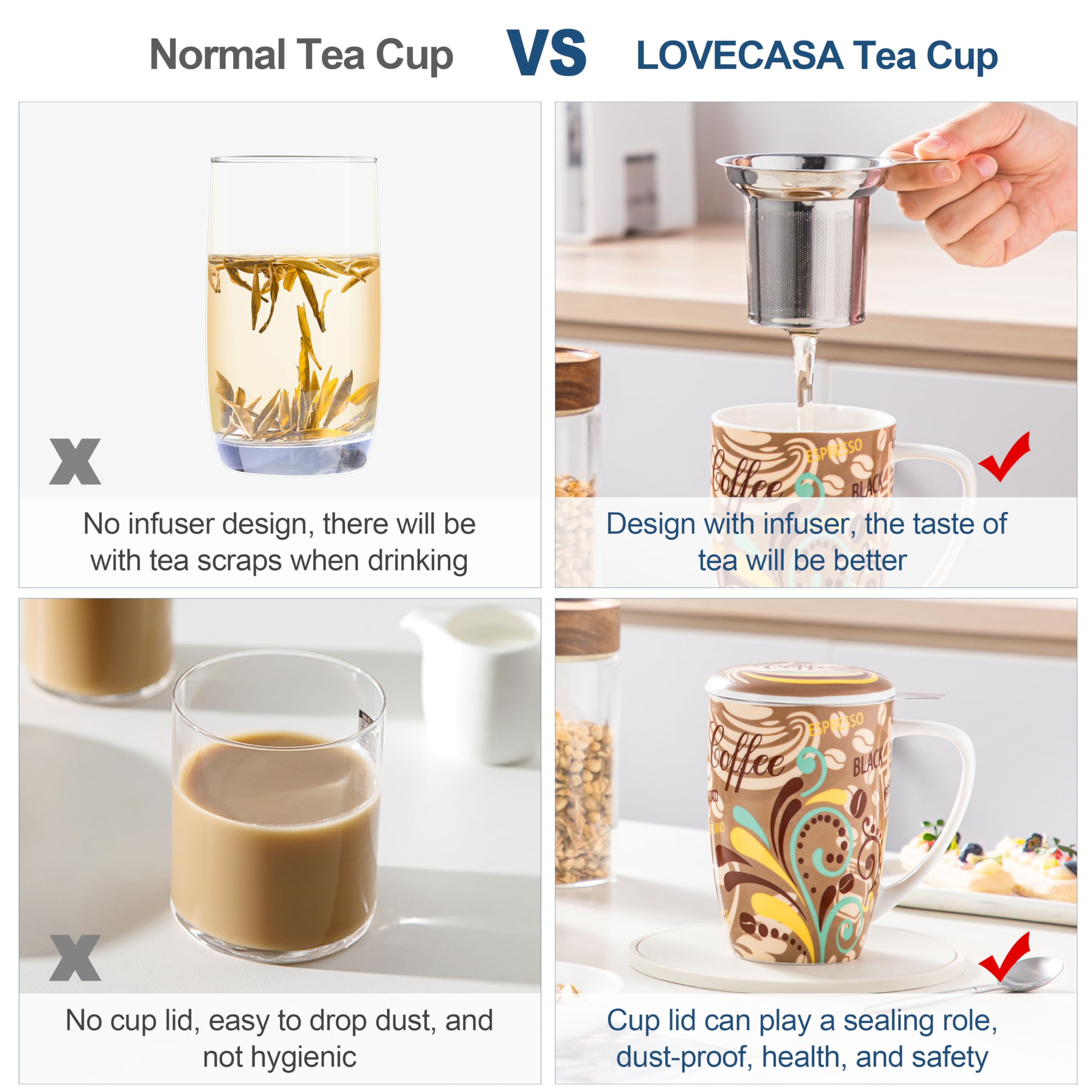 LOVECASA, kubek do herbaty 480 ml z zaparzaczem porcelanowym, duży kubek, herbata z filtrem ze stali nierdzewnej, kubek z pokrywką