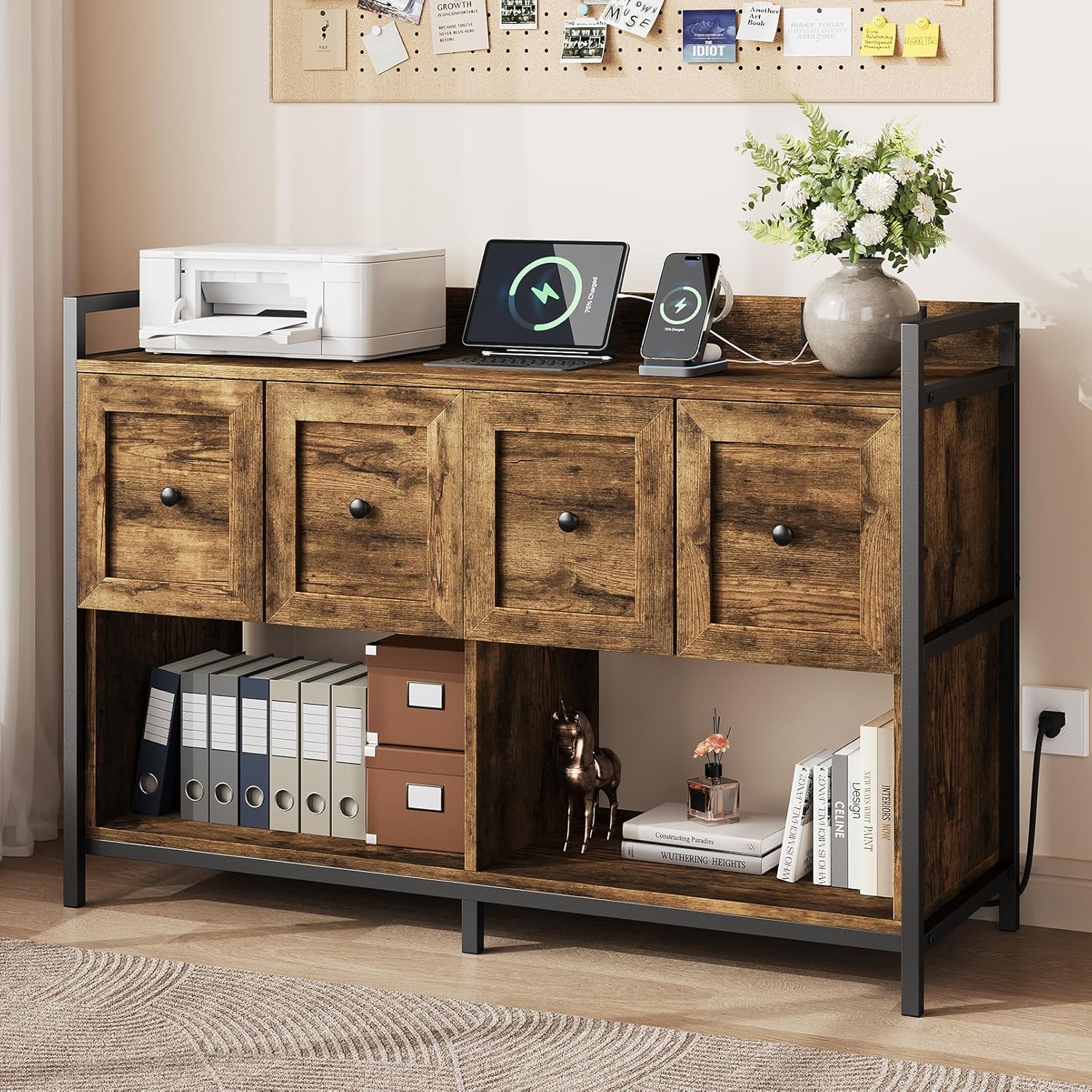 Filing Cabinet for Home Office, 43" Wood File Cabinet with Power Outlet, 2 Drawers, 2 Storage Shelves, Rustic Brown Lateral File Storage Fits Legal/Letter/A4 Size, Printer Stand w/ Bookshelf Organizer
