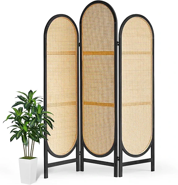 Asnefeli Trifold Room Divider 3 Panel, Folding Room Divider Panel, Rattan Divider Wall, Unique Design Divider Room Screens, Foldable Privacy Screen, Portable Freestanding Partitions Screen (Black)