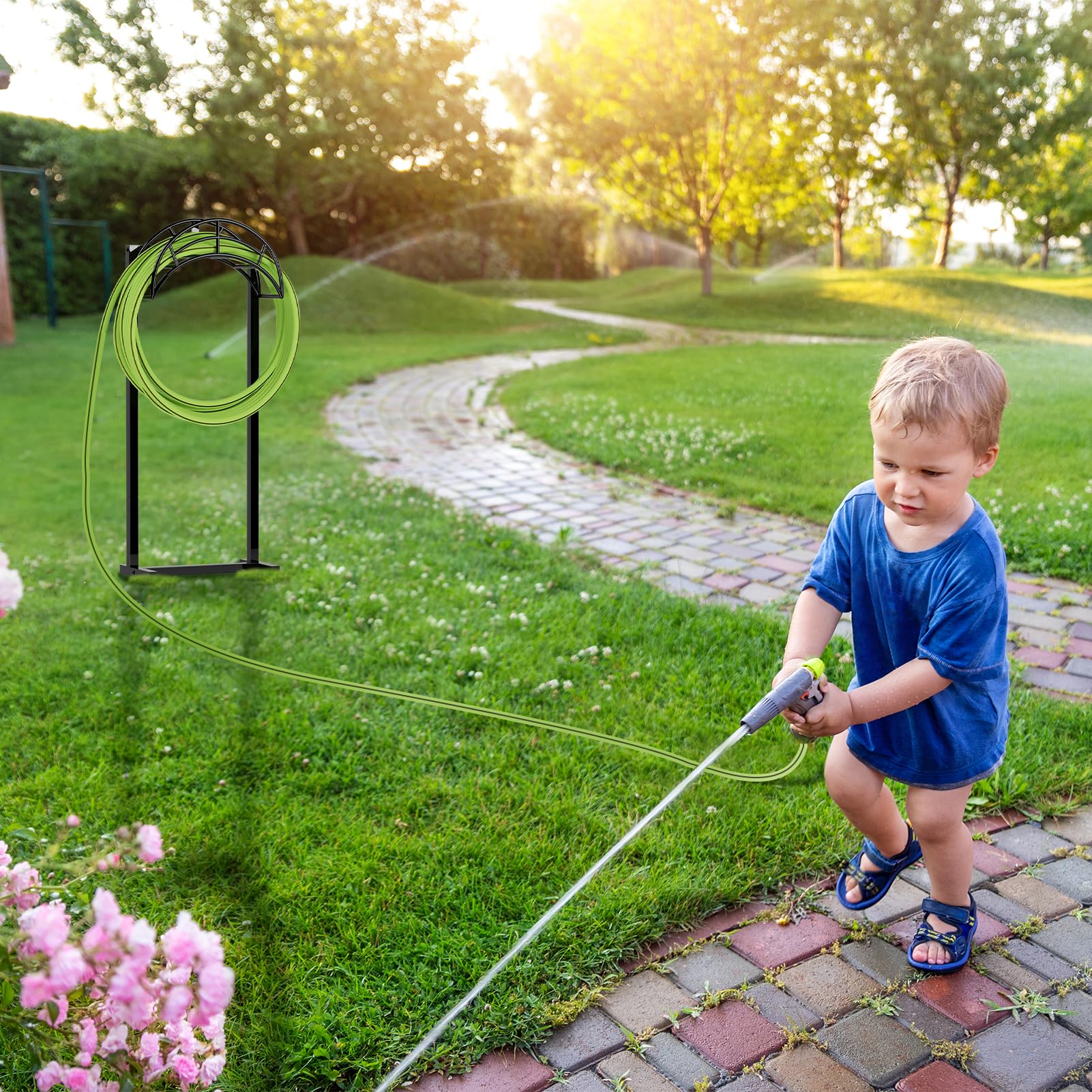 ROSSNY Metal Hose Stand Detachable Water Hose Holder Freestanding Holders for Outside with 4 Long Spiky Feet Heavy Duty Hose Hanger Garden Hose Storage for Garden