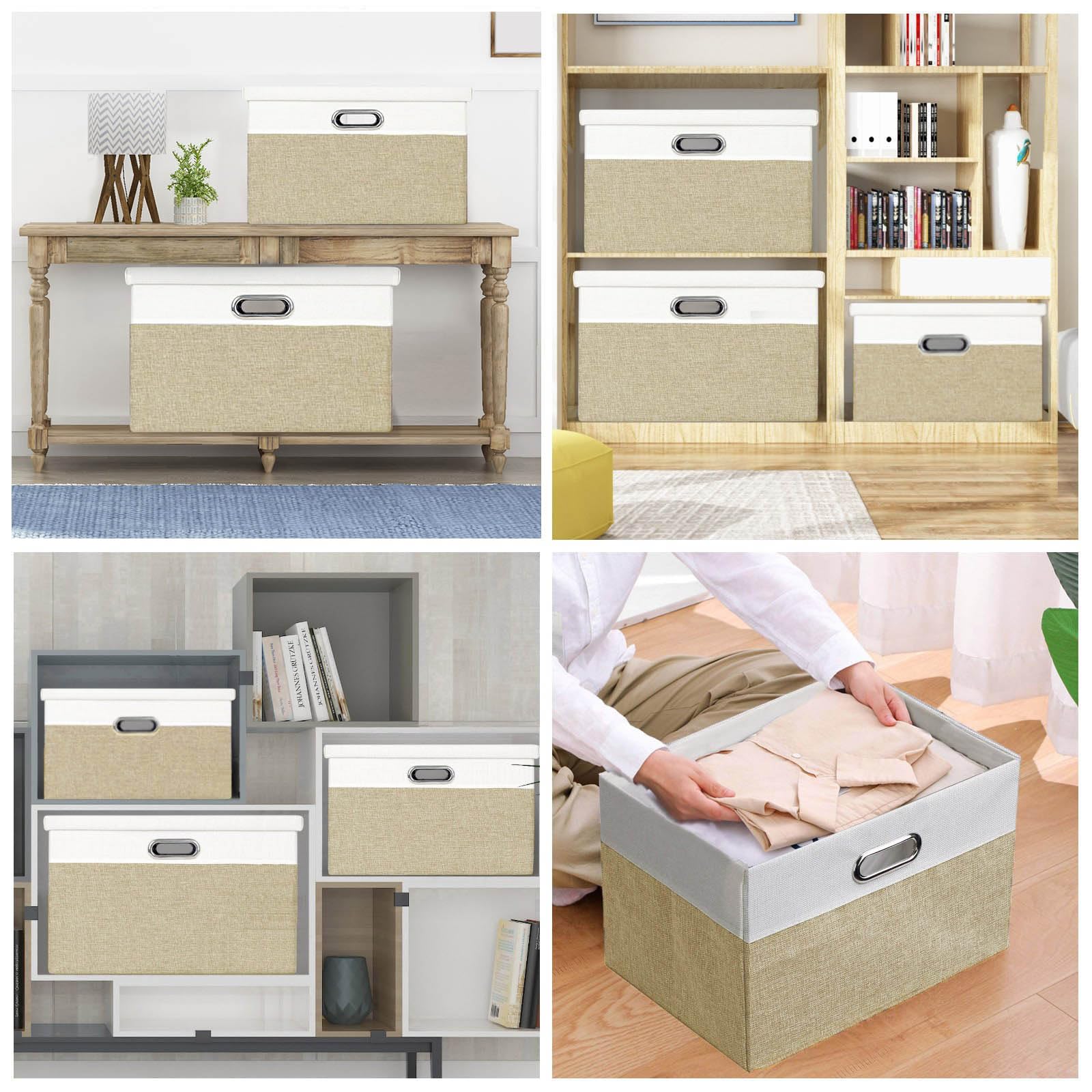 Febzoce Boîtes de rangement avec couvercles, paniers de rangement pour étagères, paniers de rangement pliables en tissu pour organiser la maison et le bureau, gris clair et blanc, petit, 33 x 22