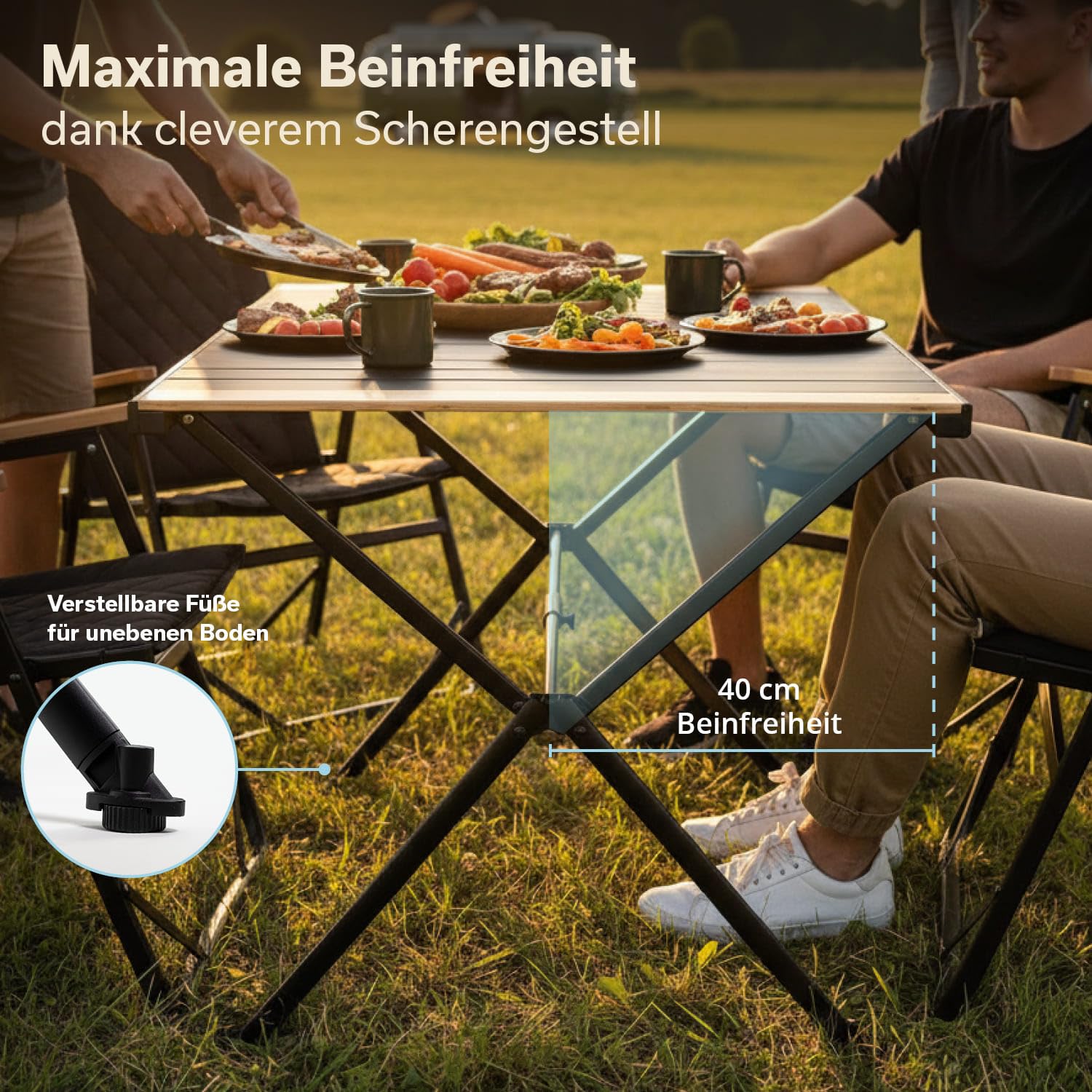 Skandika Campingtisch Tivaro | Alu Campingtisch mit Holz, für 4 Personen, 80 kg Traglast, 120x80x70 cm, wasserfest, klappbar, leicht, einrollbare Tischplatte