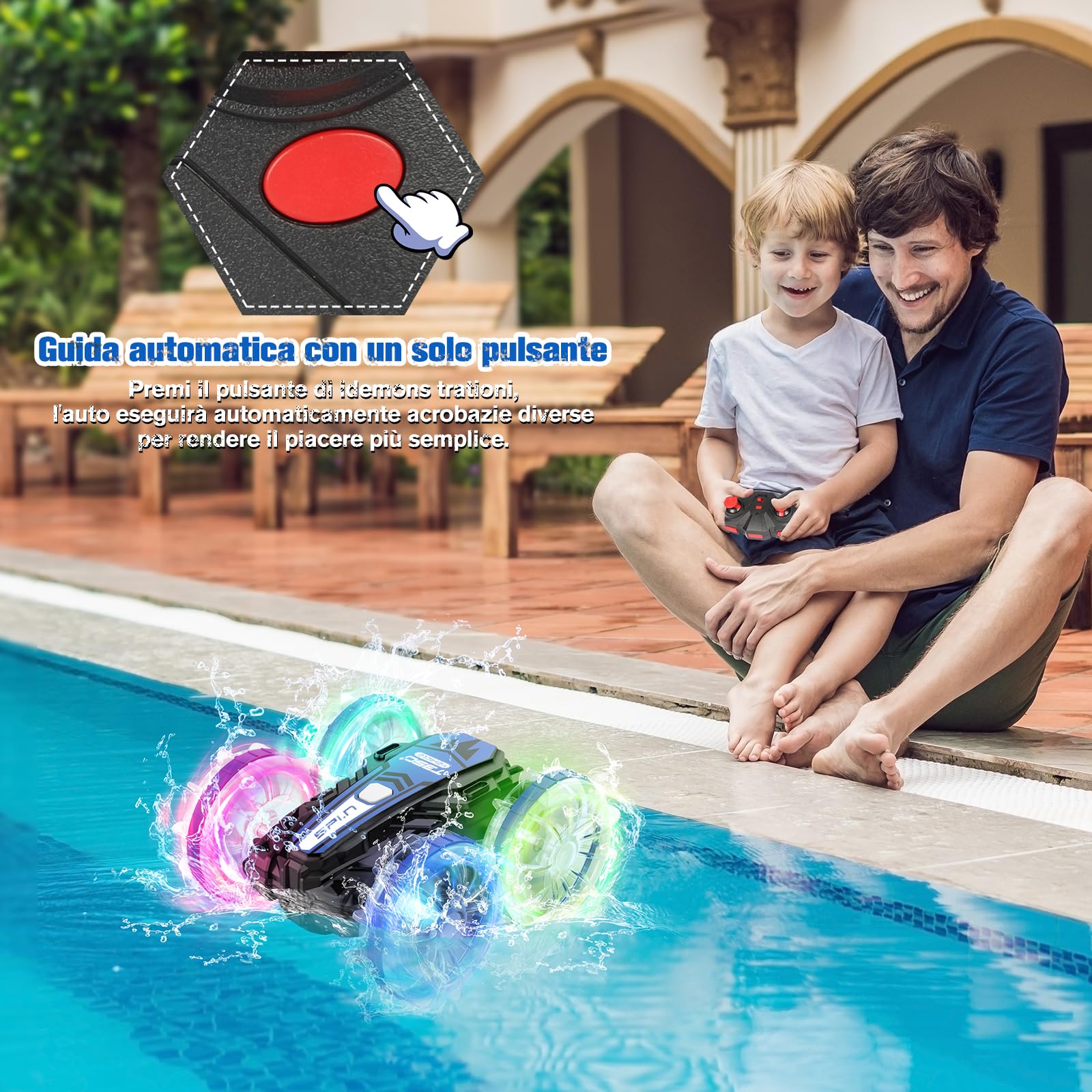 EVARY Macchina Telecomandata per Bambini,2.4GHZ Veicolo di Telecomando Anfibio, Auto Acrobatica 4WD Controllata a Mano, 360°Rotazione Stunt Car Offroad RC Veicolo,Regalo di Compleanno e Festività.
