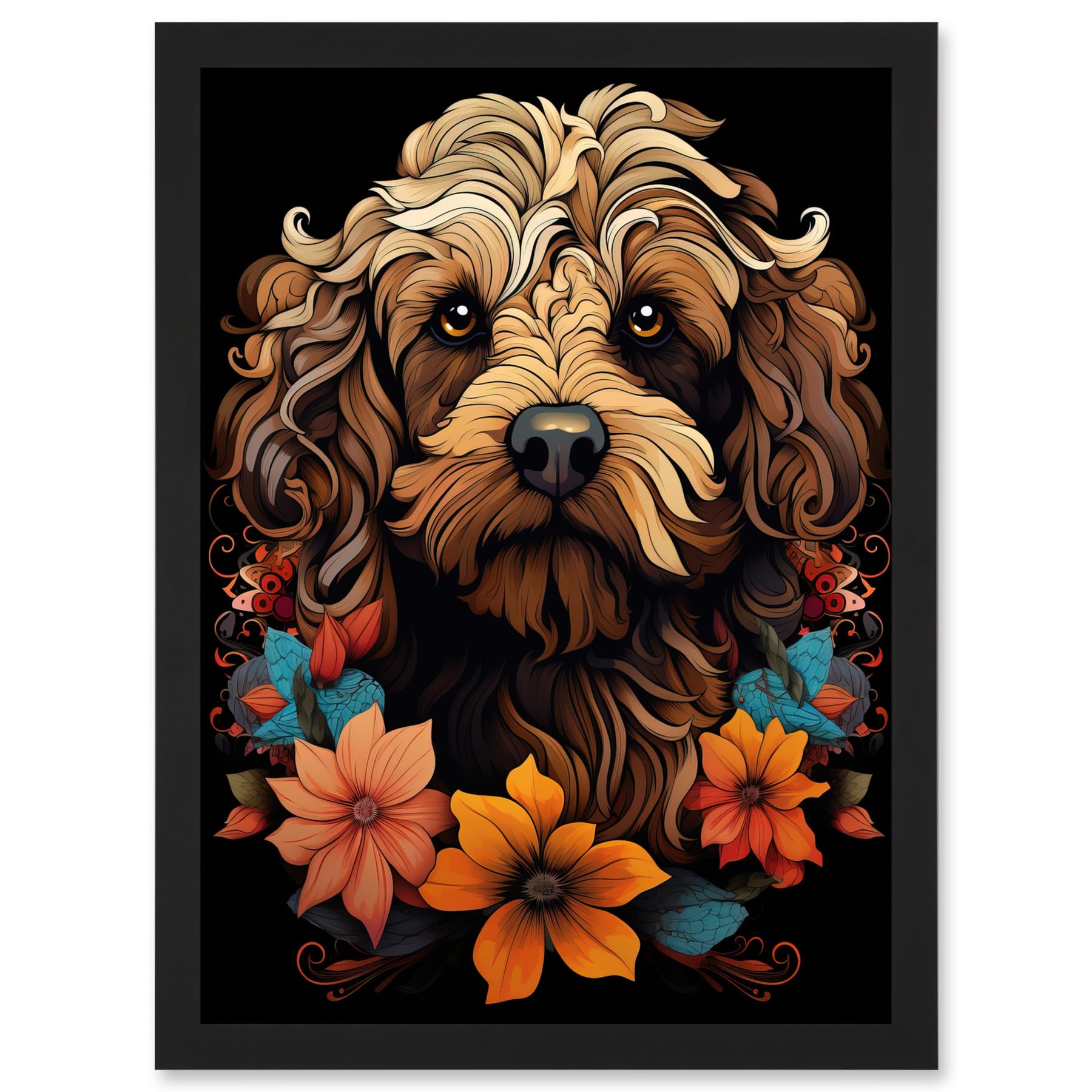Artery8 Cockapoo Dog with Flowers Artwork Orange Brown Blue Floral Art Nouveau Portrait on Black Artwork Framed A3 Wall Art Print