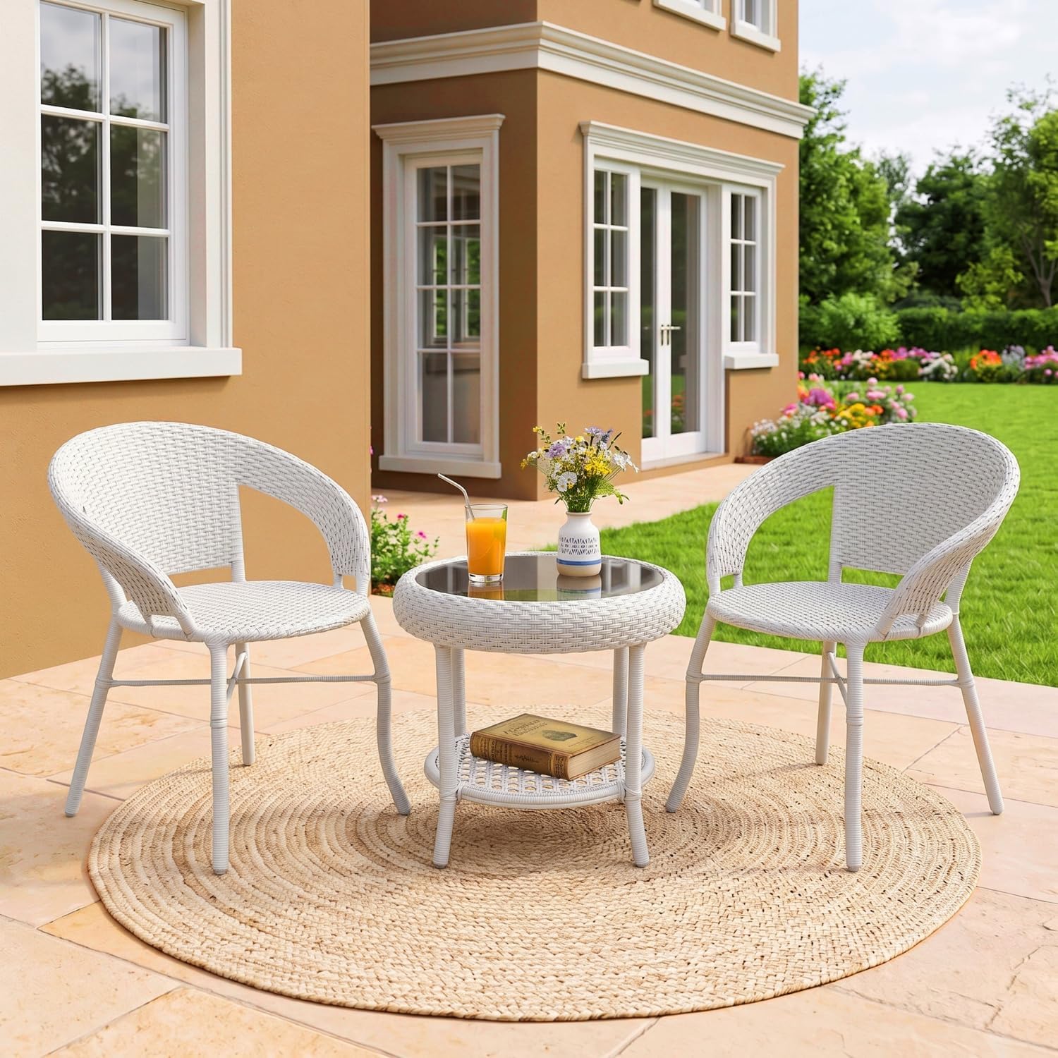 DEVOKO Outdoor 3-piece Patio HDPE UV-Resistant & Breathable Wicker with Glass Top Storage Table Shelf Table for Porch, Garden, Balcony (White)