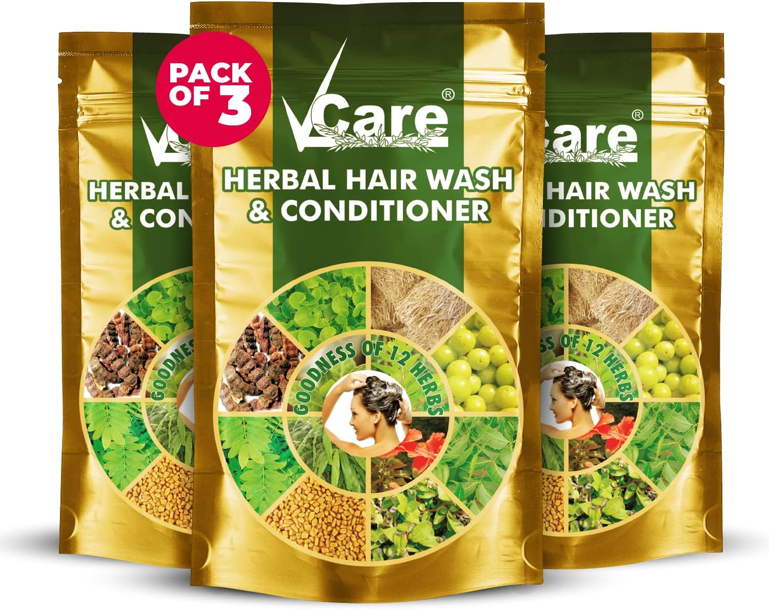 Vcare Herbal Hair Wash and Conditioner Shikakai Powder For Skin and Hair with Hibiscus, Marudhani, Karisalanganni, Fenugreek, Lemon, Amla, Keelanelli, Admadhimadhuram 100g (Pack of 3)