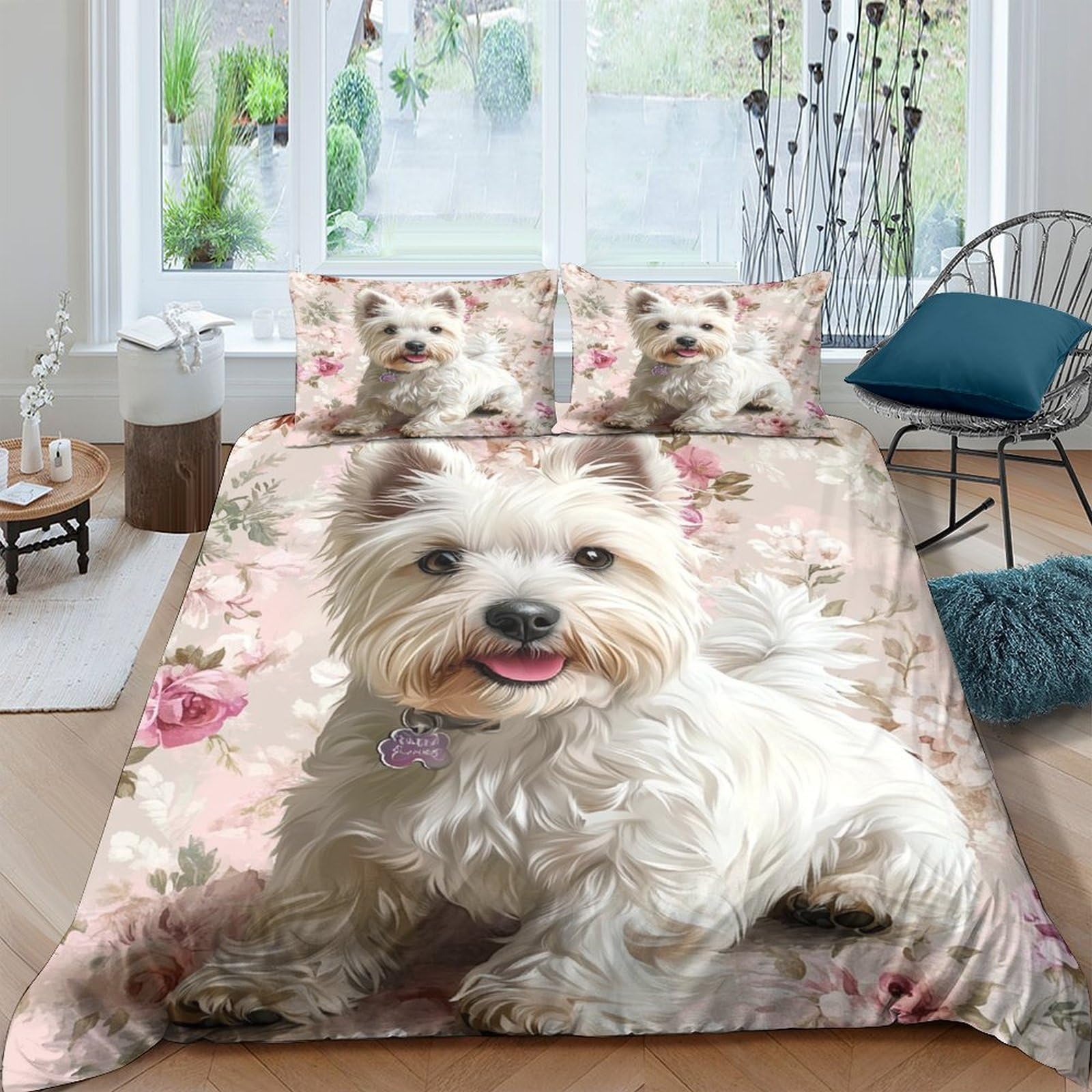 P5V6M1Q9 3D Printed White Dog Floral Duvet Cover Microfiber Soft Breathable Puppy Bedding Set with 2 Pillowcases for Bedroom Home Decor Single（135x200cm）