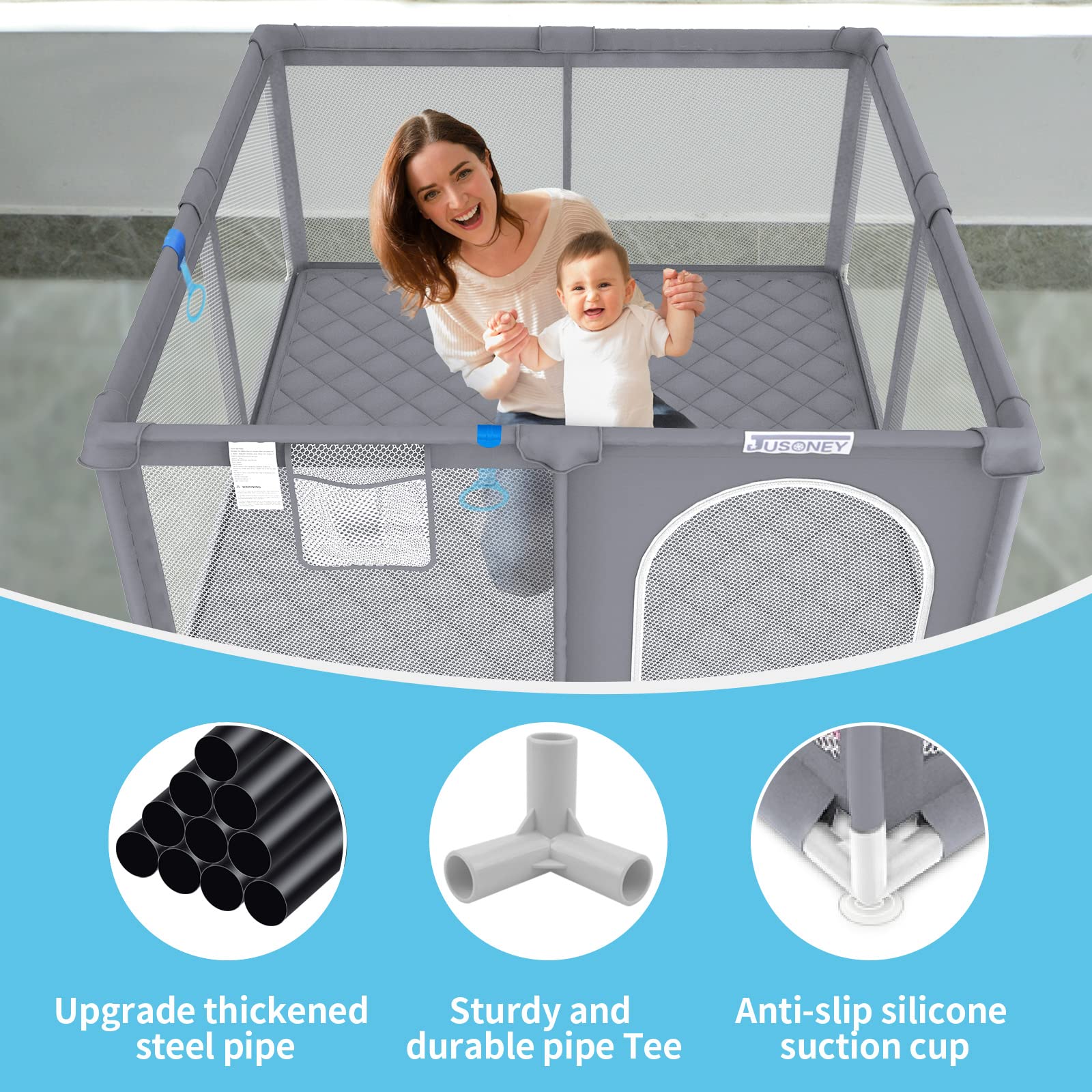 JUSONEY Baby Playard,Baby Playpen with Mat,50â€?Ã—50â€? Baby Playpen for Toddler with Gate, Indoor & Outdoor Playard for Kids Activity Center with Anti-Slip Base,Sturdy Safety,Soft Breathable Mesh-Grey