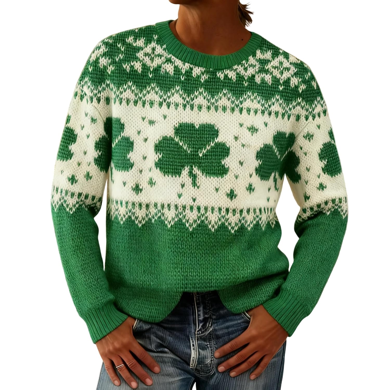 Womens Oversized Fair Isle Long Sleeve Knit Sweater Fall Winter Casual Vintage Leaf Printed Crewneck Pullover Tops