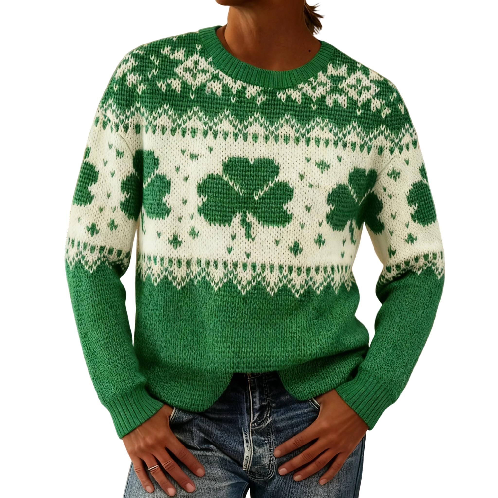 Womens Oversized Fair Isle Long Sleeve Knit Sweater Fall Winter Casual Vintage Leaf Printed Crewneck Pullover Tops