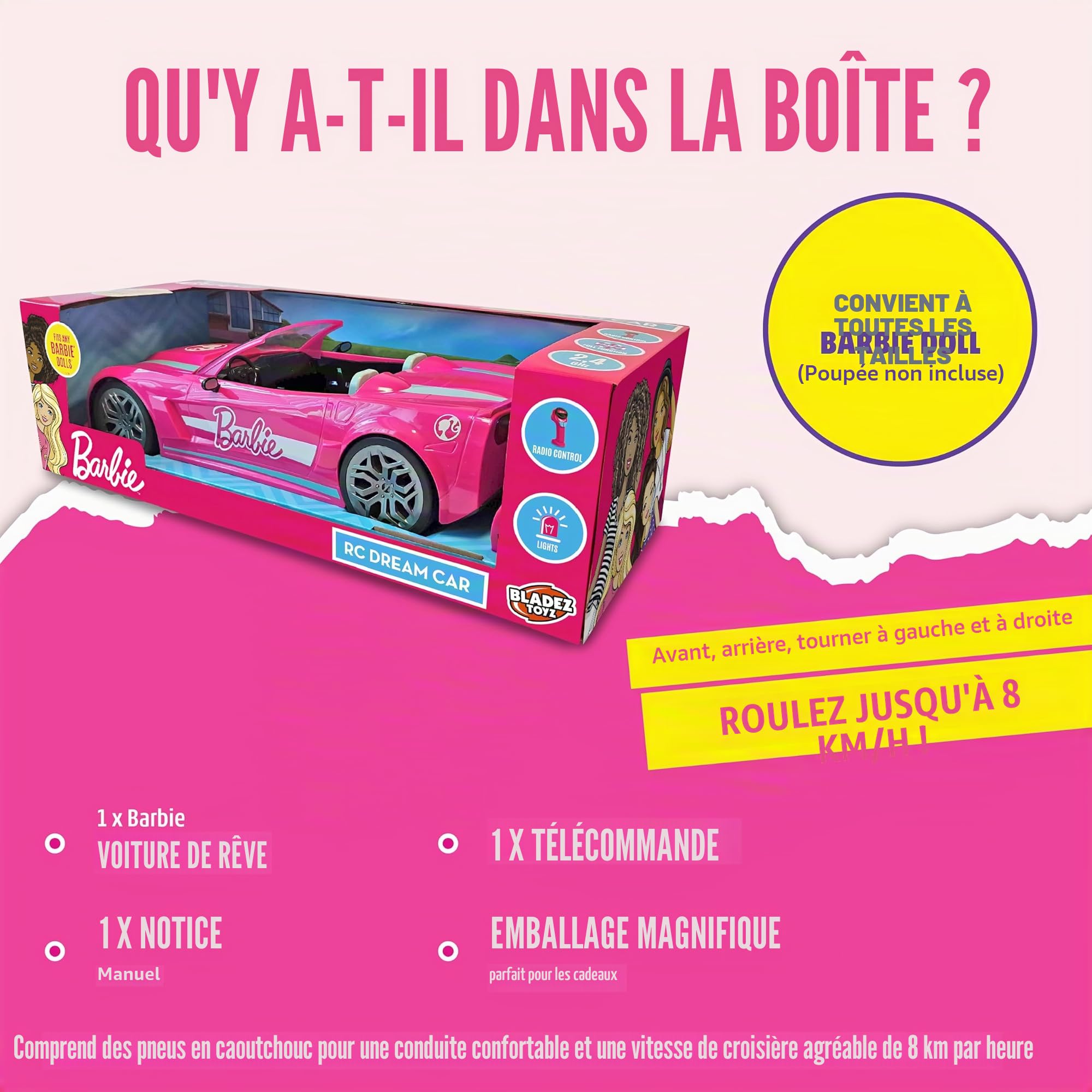Barbie Dream Voiture télécommandée BladeZ RC 2,4 GHz, lumineuse, compatible deux poupées, 38,1 cm