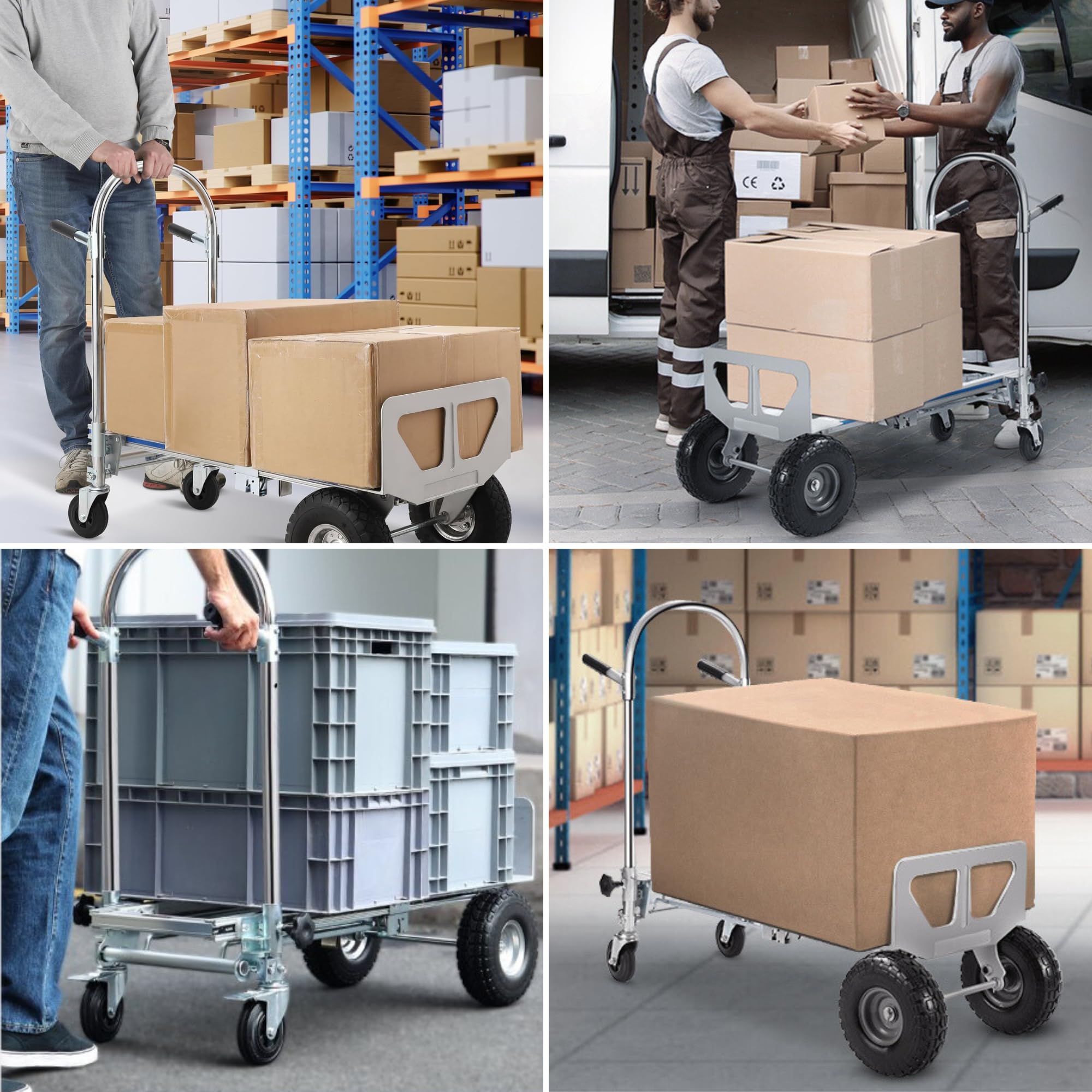 Carretilla de Mano de Aluminio 2 en 1. Carrito de Transporte con 4 Ruedas, Convertible en Plataforma o Carro de Mano, Capacidad de 350kg. Carro de Carga Plegable para Almacen, Mudanza. | 4 Ruedas, Convertible en Plataforma o Carro de Mano, Capacidad de 35