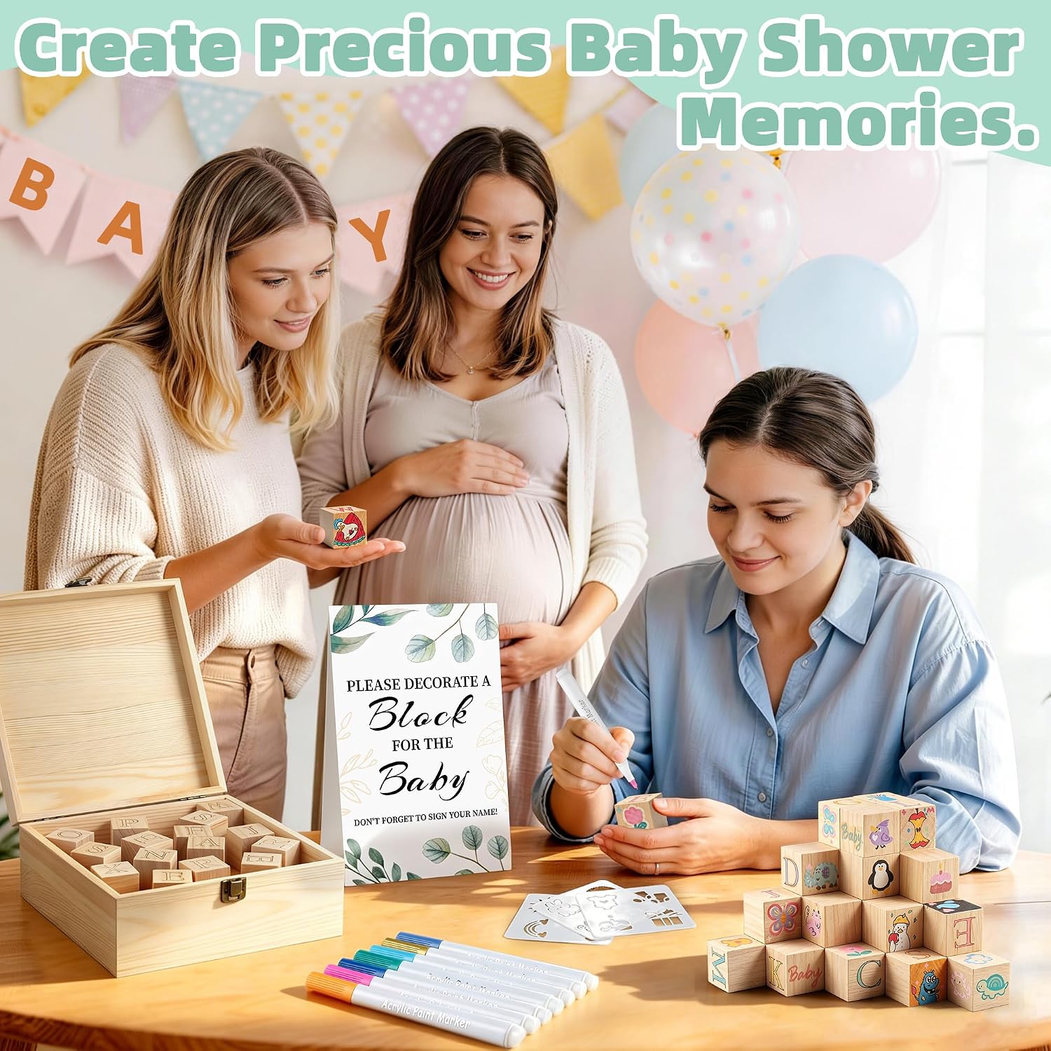 wookidel 118PCS Baby Shower Games Kit, Baby Blocks for Baby Shower | Baby Shower Blocks Kit with 52 Blocks, 24 Markers, Box, Sign, and 40 Templates-Baby Shower, Gender Reveals Party(Green)