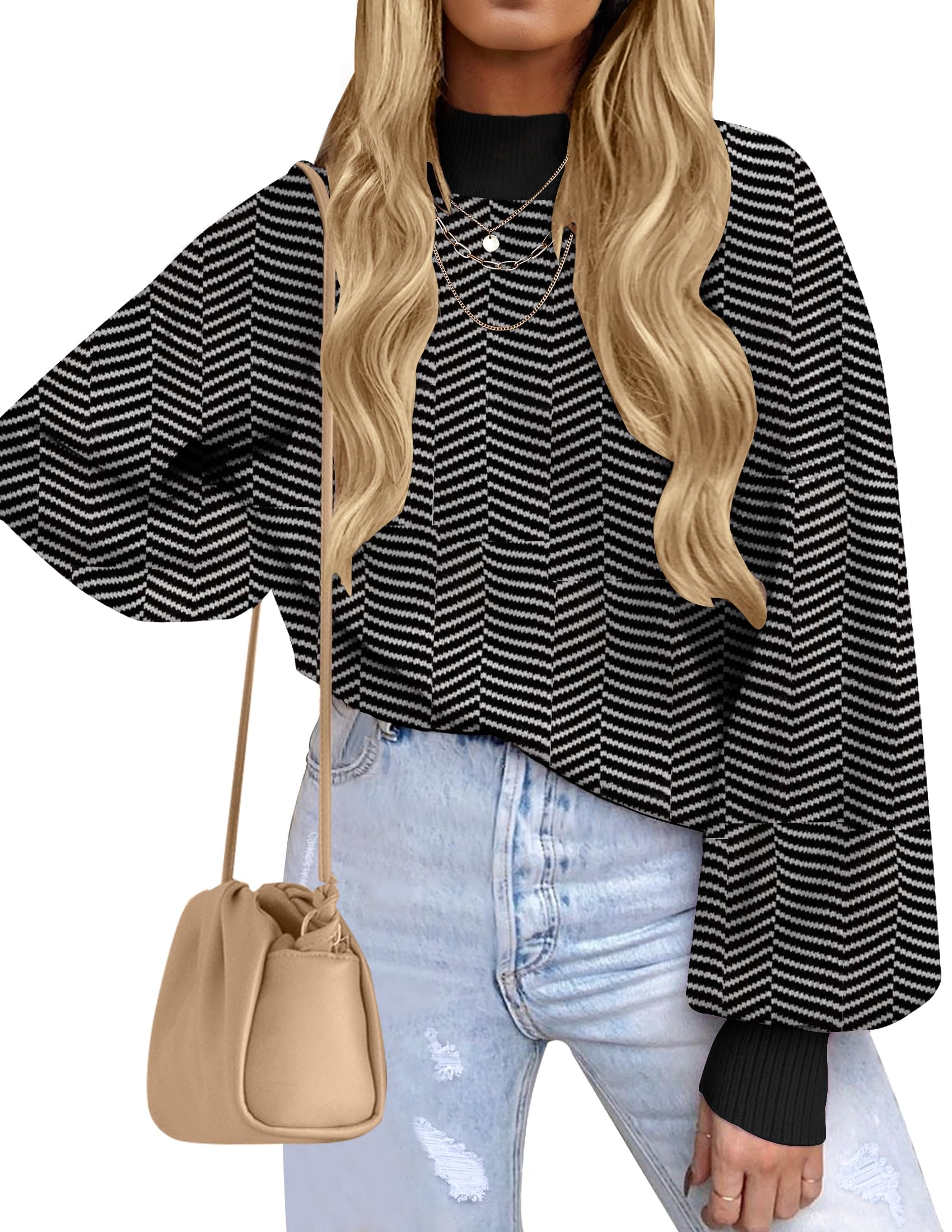 ZESICA Women's 2026 Fall Striped Pullover Sweaters Tops Fashion Outfits | Checkered, Mock Neck, Oversized, Trendy Casual Loose Fit, Cute, Chunky Cozy Holiday Winter Clothes