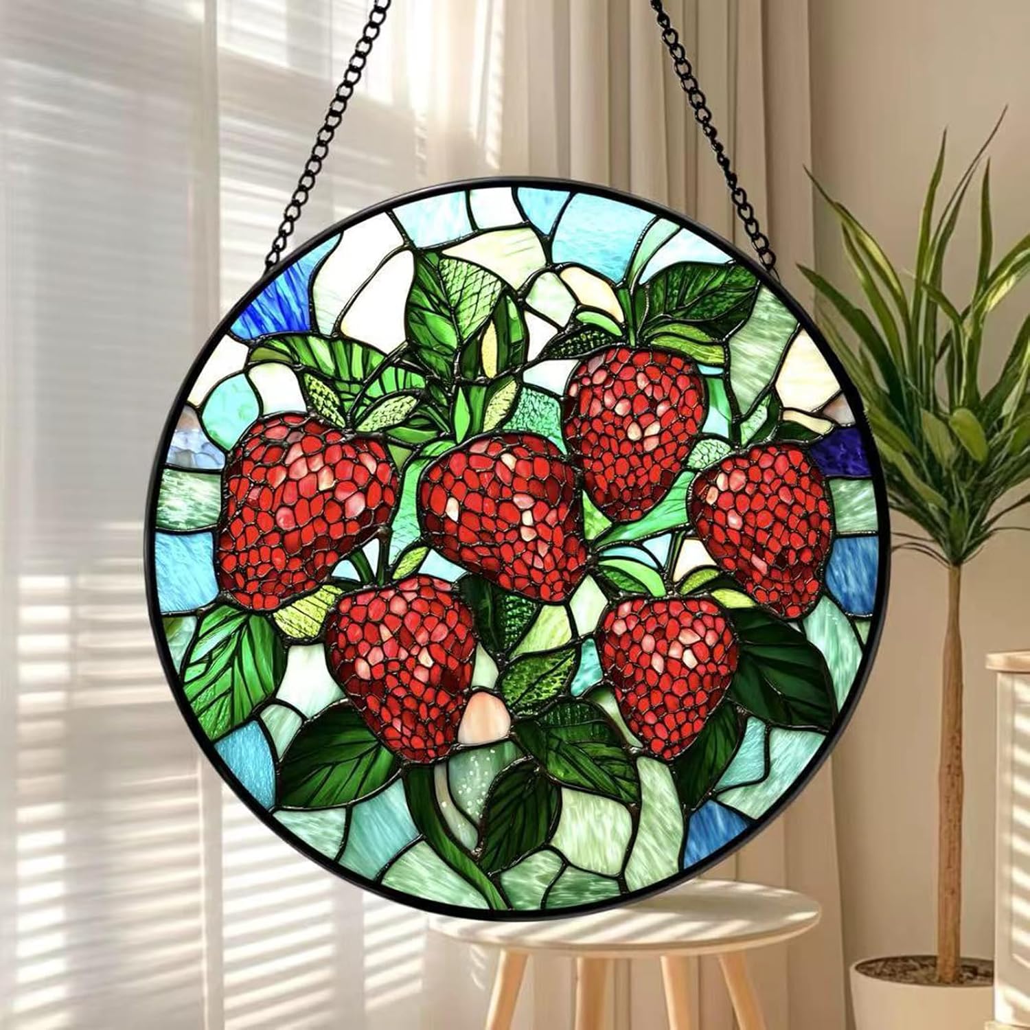 Strawberry Themed Stained Glass Decoration for Bedroom Living Room Windowsill Garden Window Sun Catcher Strawberry