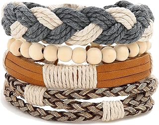 4PCS Retro Braided Multi-layer Leather Bracelets for Men&Women,Woven Cuff Wrap Bangle Wood Beads Ethnic Tribal Bracelets Adjustable, wooden beads