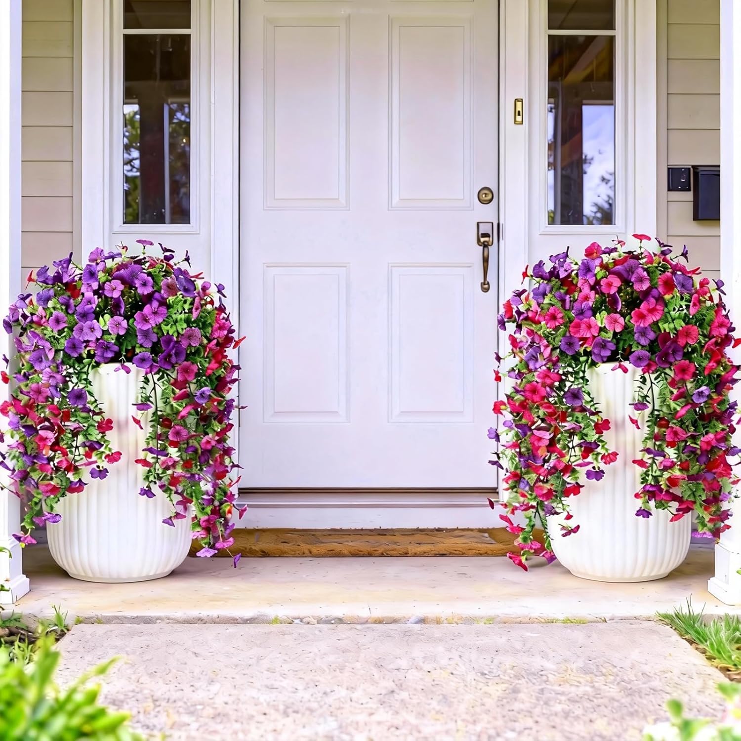 Artificial Flowers for Outdoors, 2PCS Spring Floral Arrangements with Faux Silk Daisy, UV Resistant Fake Hanging Plants for Outdoor Porch, Garden, Indoor Hanging Basket Decor (Purple+Red) - Image 3