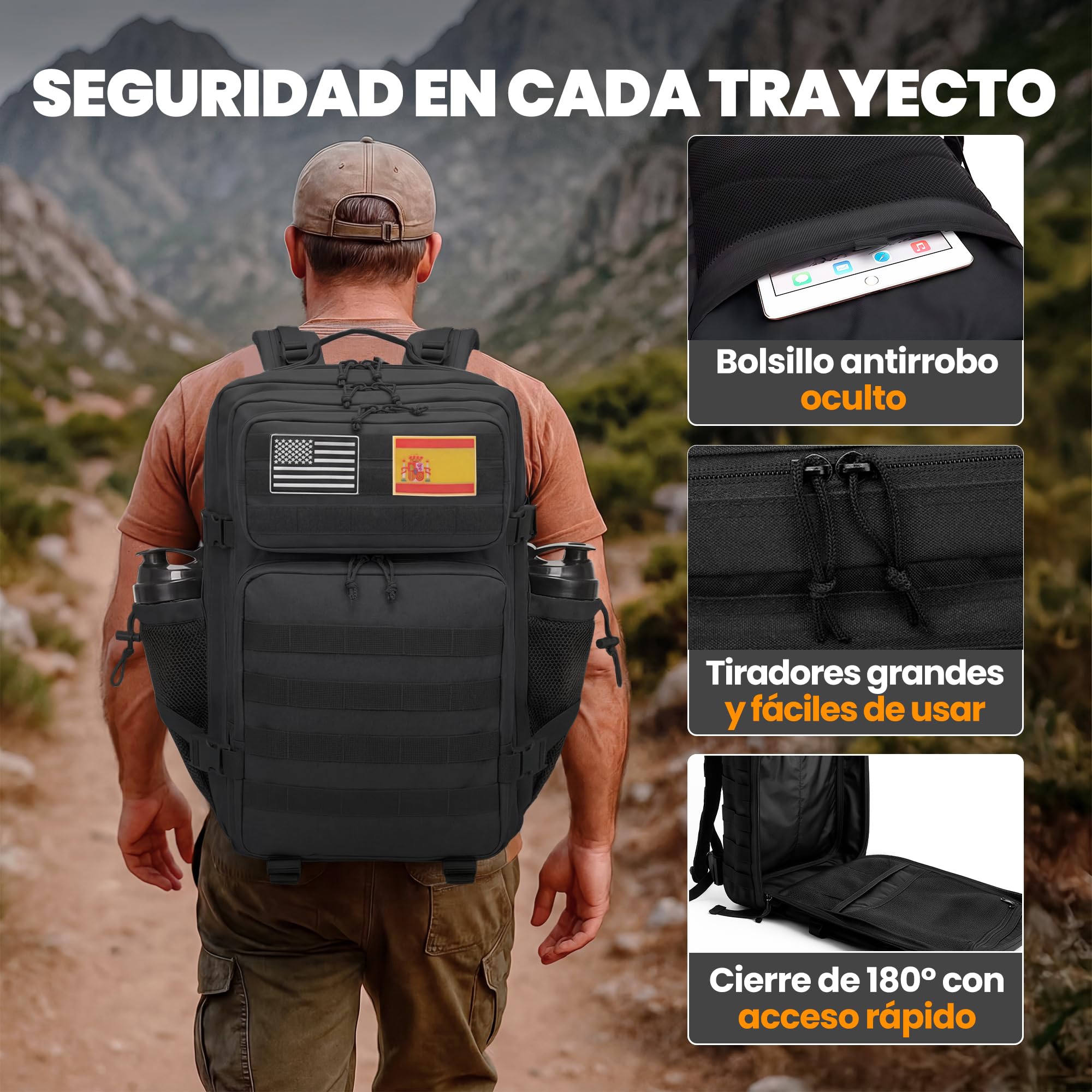 unycos - Mochila Táctica Militar【45L】con Sistema Molle y Bolsillos Laterales, Tela Oxford 900D Resistente, Bolsillos para 3 Días de Emergencias, Caza, Senderismo, Viaje, Crossfit, Gimnasio (Negro)