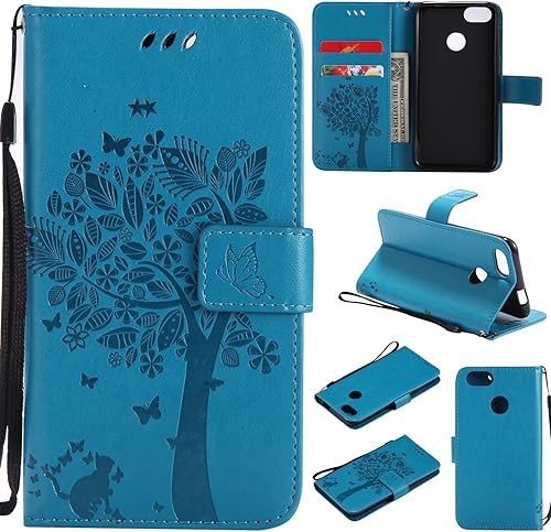 Everainy Kompatibel fA r Huawei Lite Mini Y6 Pro 2017 HA lle Silikon Leder Flip Gummi Katze Baum Muster Kartenfach Magnet fA r Huawei Lite Mini Brieftasche innen TPU HandyhA lle HA llen  Blau 
