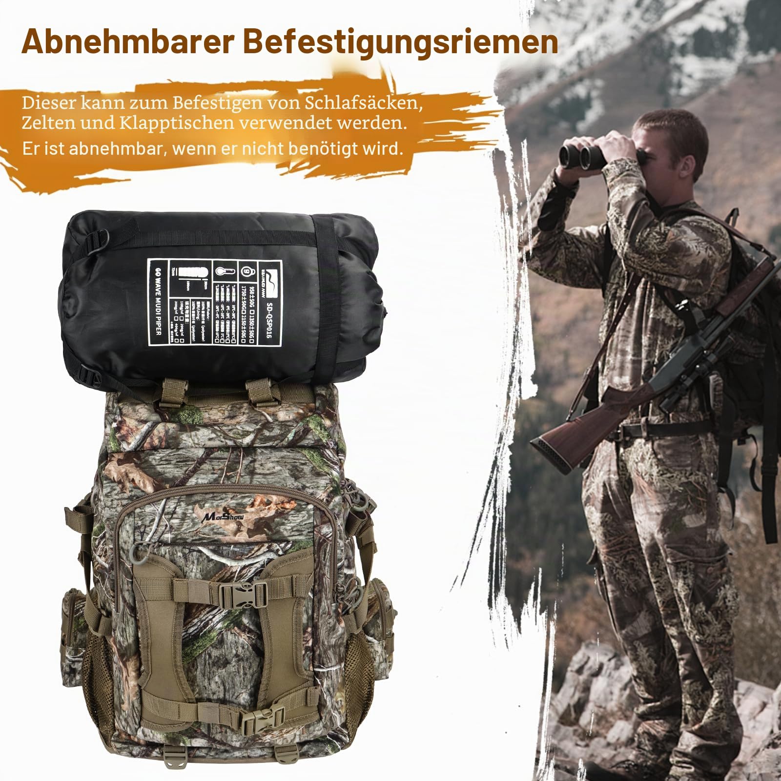 Jagdrucksack, Jagdrucksack mit Gewehrhalter, Jagdrucksäcke für Männer, Jagdtasche mit wasserdichtem Regenschutz