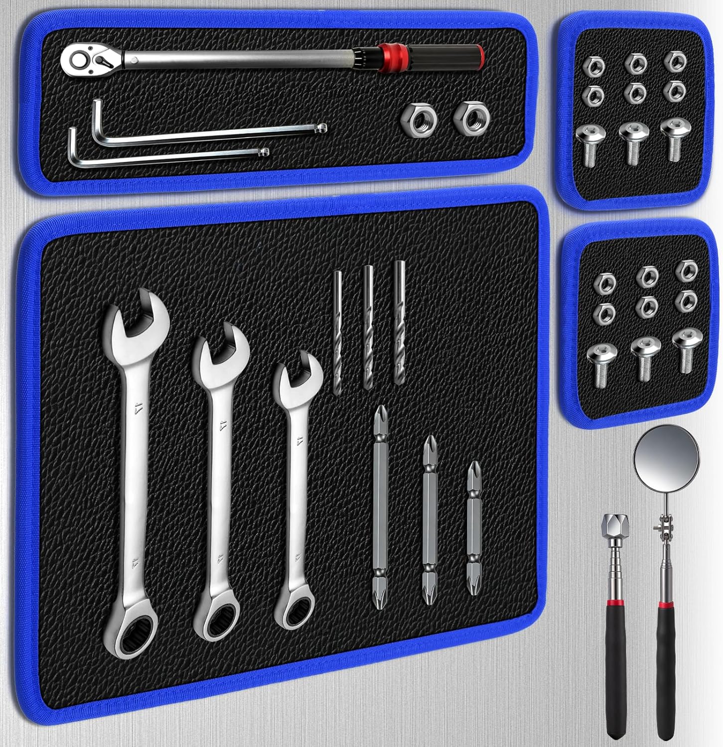 Magnetic Tool Mat, Flexible Magnetic Non-Slip Tool Organizer & Telescoping Magnetic Pickup Tool for Mechanic Wrench Screw Bolt,Magnetic Mat for Garage,Workshop,Auto Repair(Handle) (Blue Set)