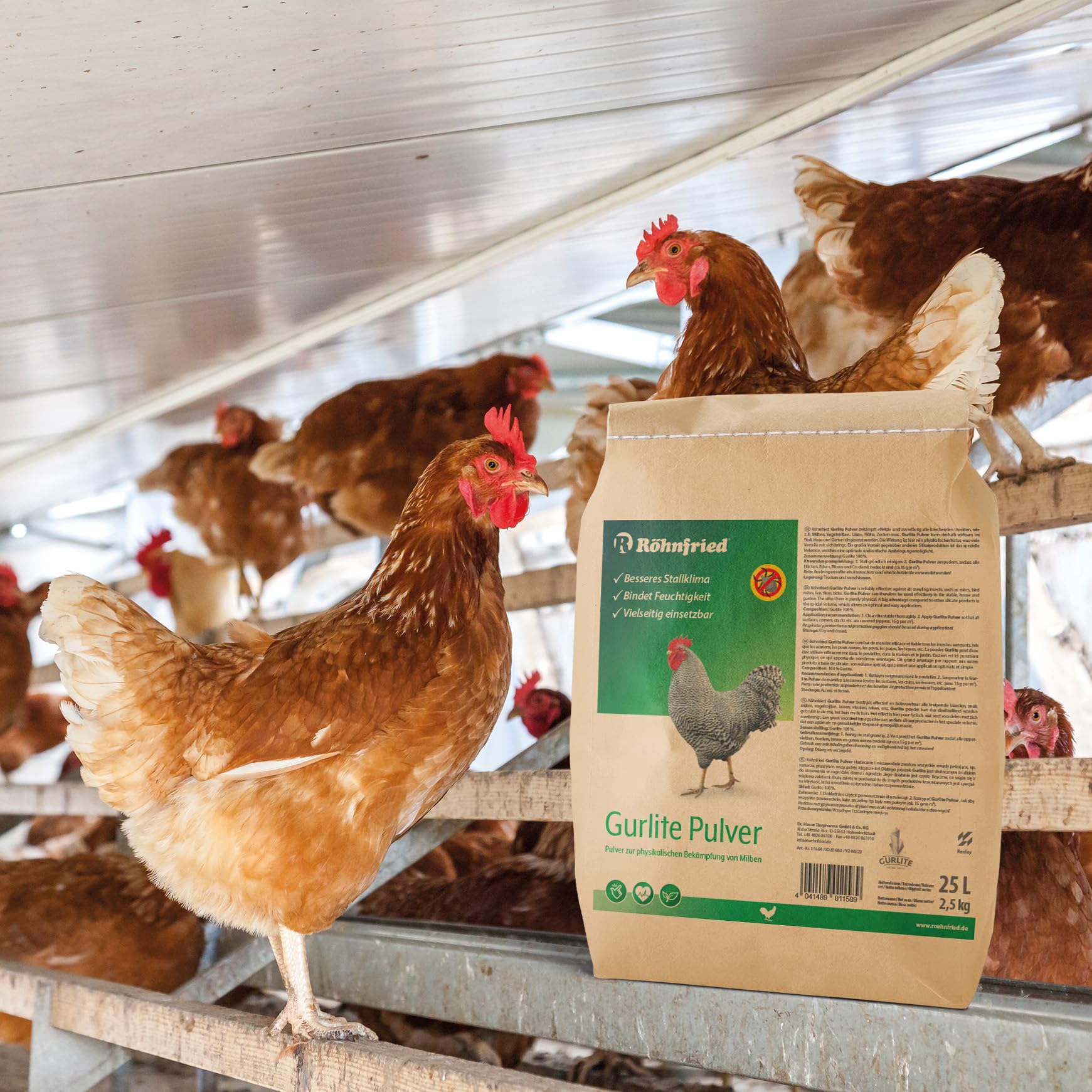 Röhnfried Gurlite® Pulver - 25 L - Effektiver Schutz gegen rote Milbe, Vogelmilben, Läusen, Flöhe, Zecken & Parasiten - Naturprodukt für den Hühnerstall - für Hühner, Wachteln & anderes Geflügel